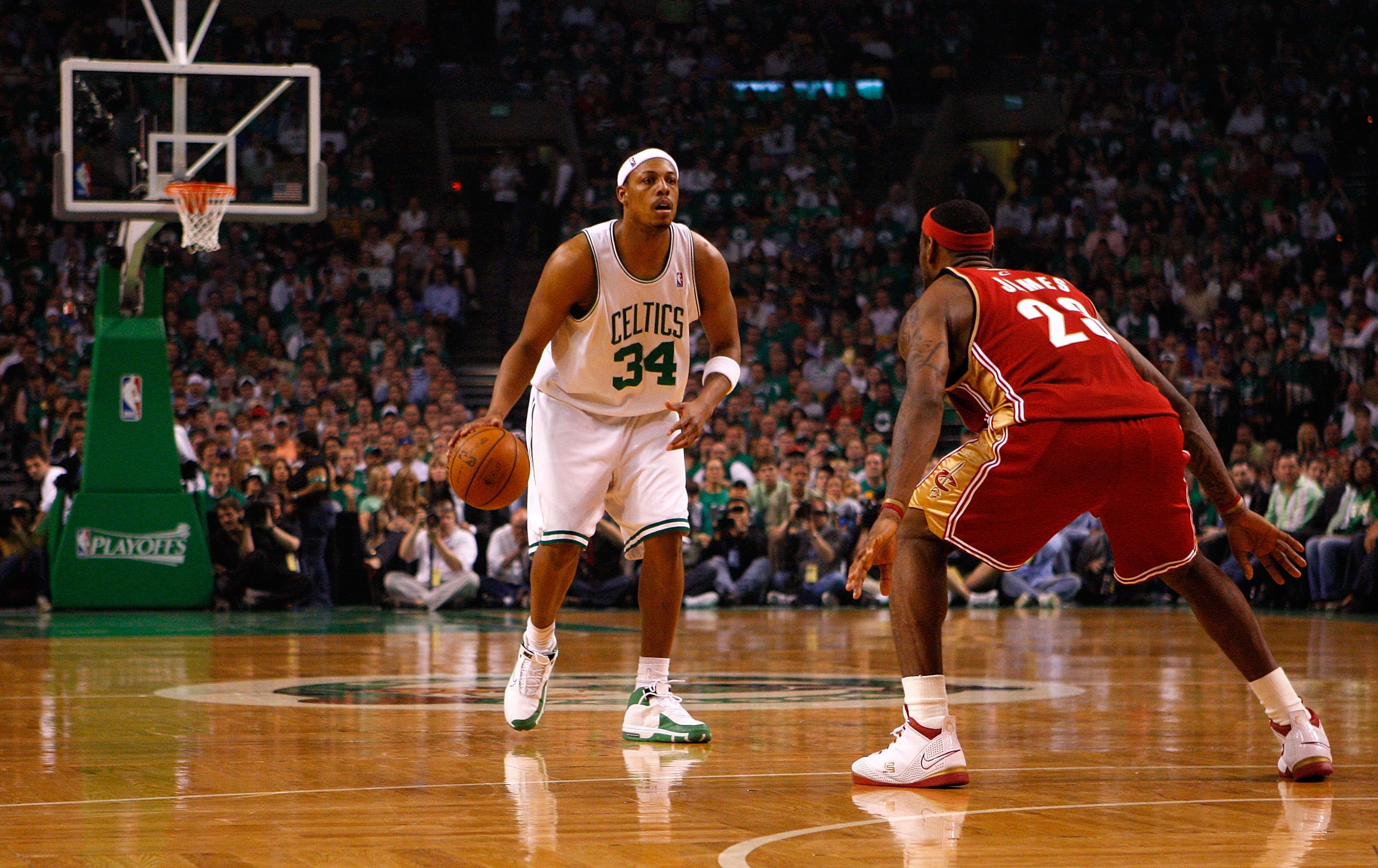 BOSTON - MAY 18: Paul Pierce #34 of the Boston Celtics looks to move the ball against LeBron James #23 of the Cleveland Cavaliers in Game Seven of the Eastern Conference Semifinals during the 2008 NBA Playoffs at the TD Banknorth Garden May 18, 2008 in B BOSTON - MAY 18: Paul Pierce #34 of the Boston Celtics looks to move the ball against LeBron James #23 of the Cleveland Cavaliers in Game Seven of the Eastern Conference Semifinals during the 2008 NBA Playoffs at the TD Banknorth Garden May 18, 2008 in B