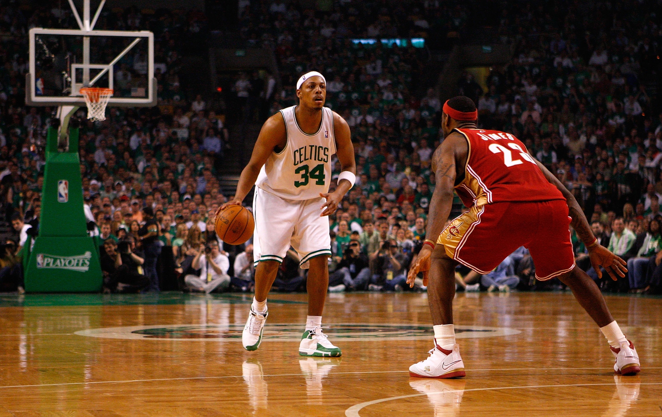 BOSTON - MAY 18:  Paul Pierce #34 of the Boston Celtics looks to move the ball against LeBron James #23 of the Cleveland Cavaliers in Game Seven of the Eastern Conference Semifinals during the 2008 NBA Playoffs at the TD Banknorth Garden May 18, 2008 in B