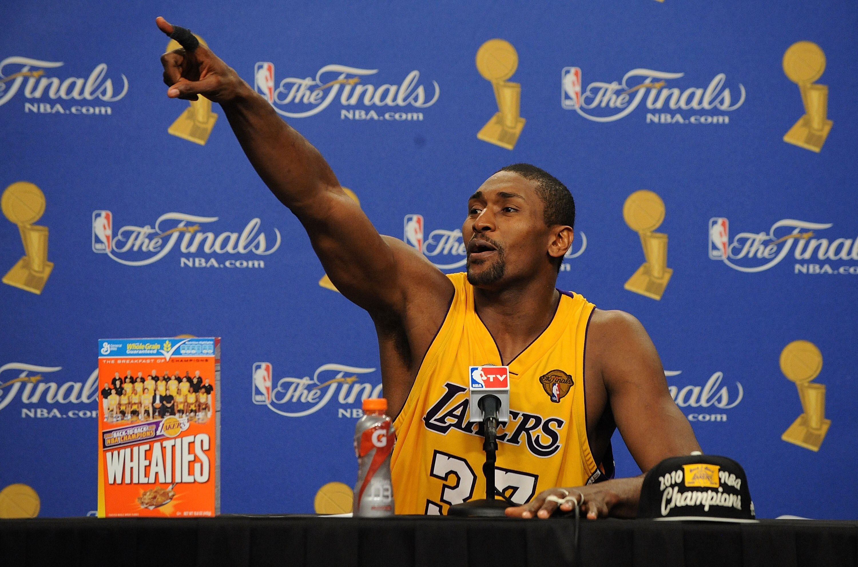LOS ANGELES, CA - JUNE 17: Ron Artest #37 of the Los Angeles Lakers speaks during the post game news conference as he celebrates after the Lakers defeated the Boston Celtics 83-79 in Game Seven of the 2010 NBA Finals at Staples Center on June 17, 2010 in LOS ANGELES, CA - JUNE 17: Ron Artest #37 of the Los Angeles Lakers speaks during the post game news conference as he celebrates after the Lakers defeated the Boston Celtics 83-79 in Game Seven of the 2010 NBA Finals at Staples Center on June 17, 2010 in