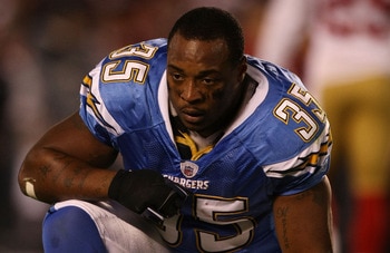 SAN DIEGO, CA - DECEMBER 16:  Running back Mike Tolbert #35 of the San Diego Chargers reacts after being hit during a punt return by the San Francisco 49ers at Qualcomm Stadium on December 16, 2010 in San Diego, California.  (Photo by Donald Miralle/Getty