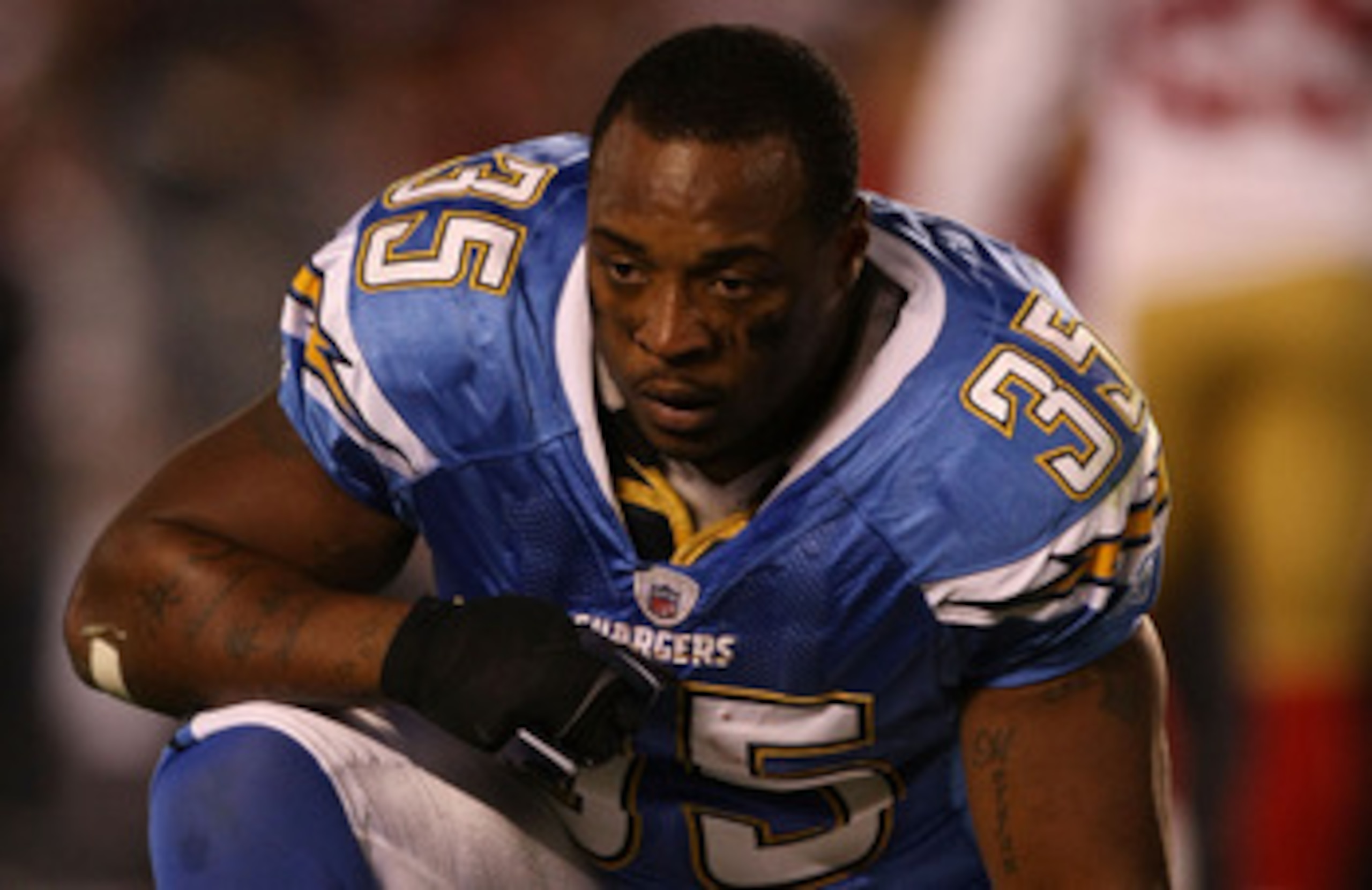 SAN DIEGO, CA - DECEMBER 16:  Running back Mike Tolbert #35 of the San Diego Chargers reacts after being hit during a punt return by the San Francisco 49ers at Qualcomm Stadium on December 16, 2010 in San Diego, California.  (Photo by Donald Miralle/Getty