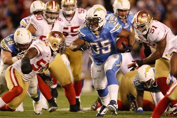 SAN DIEGO, CA - DECEMBER 16:  Running back Mike Tolbert #35 of the San Diego Chargers rushes with the ball against the San Francisco 49ers at Qualcomm Stadium on December 16, 2010 in San Diego, California.  (Photo by Donald Miralle/Getty Images)