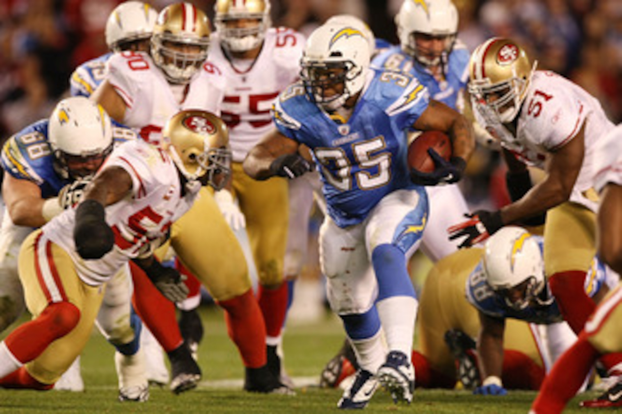 SAN DIEGO, CA - DECEMBER 16:  Running back Mike Tolbert #35 of the San Diego Chargers rushes with the ball against the San Francisco 49ers at Qualcomm Stadium on December 16, 2010 in San Diego, California.  (Photo by Donald Miralle/Getty Images)