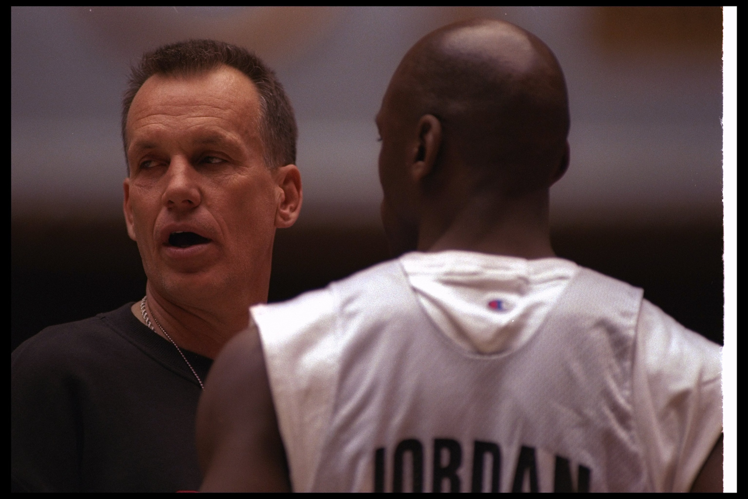 9 Feb 1997:  Guard Michael Jordan of the Chicago Bulls confers with coach Doug Collins during the NBA All-Star game. Mandatory Credit: Brian Bahr  /Allsport