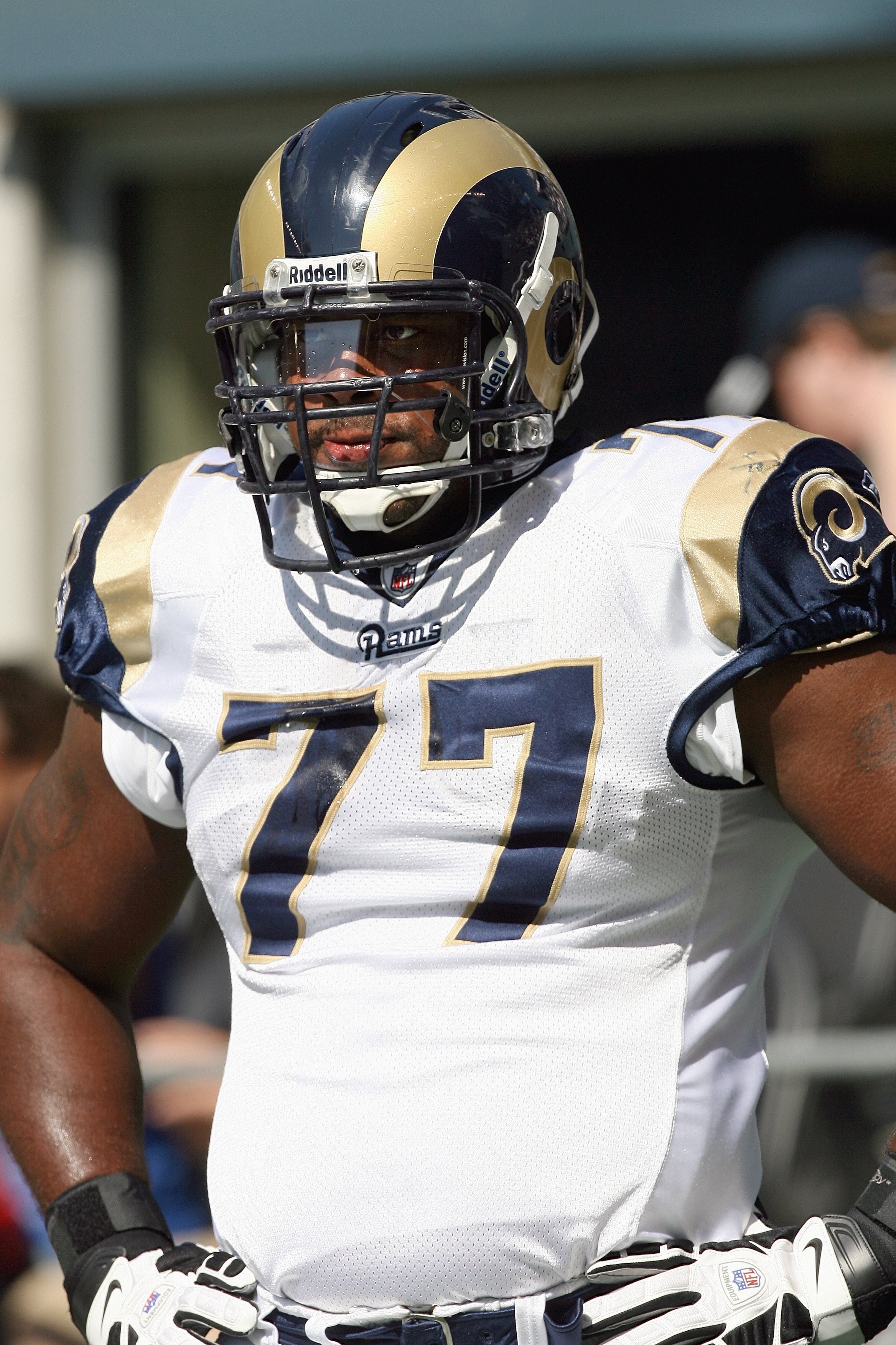 SEATTLE, WA - SEPTEMBER 13:  Jason Smith #77 of the St. Louis Rams watcches the action during the game against the Seattle Seahawks on September 13, 2009 at Qwest Field in Seattle, Washington. The Seahawks defeated the Rams 28-0. (Photo by Otto Greule Jr/