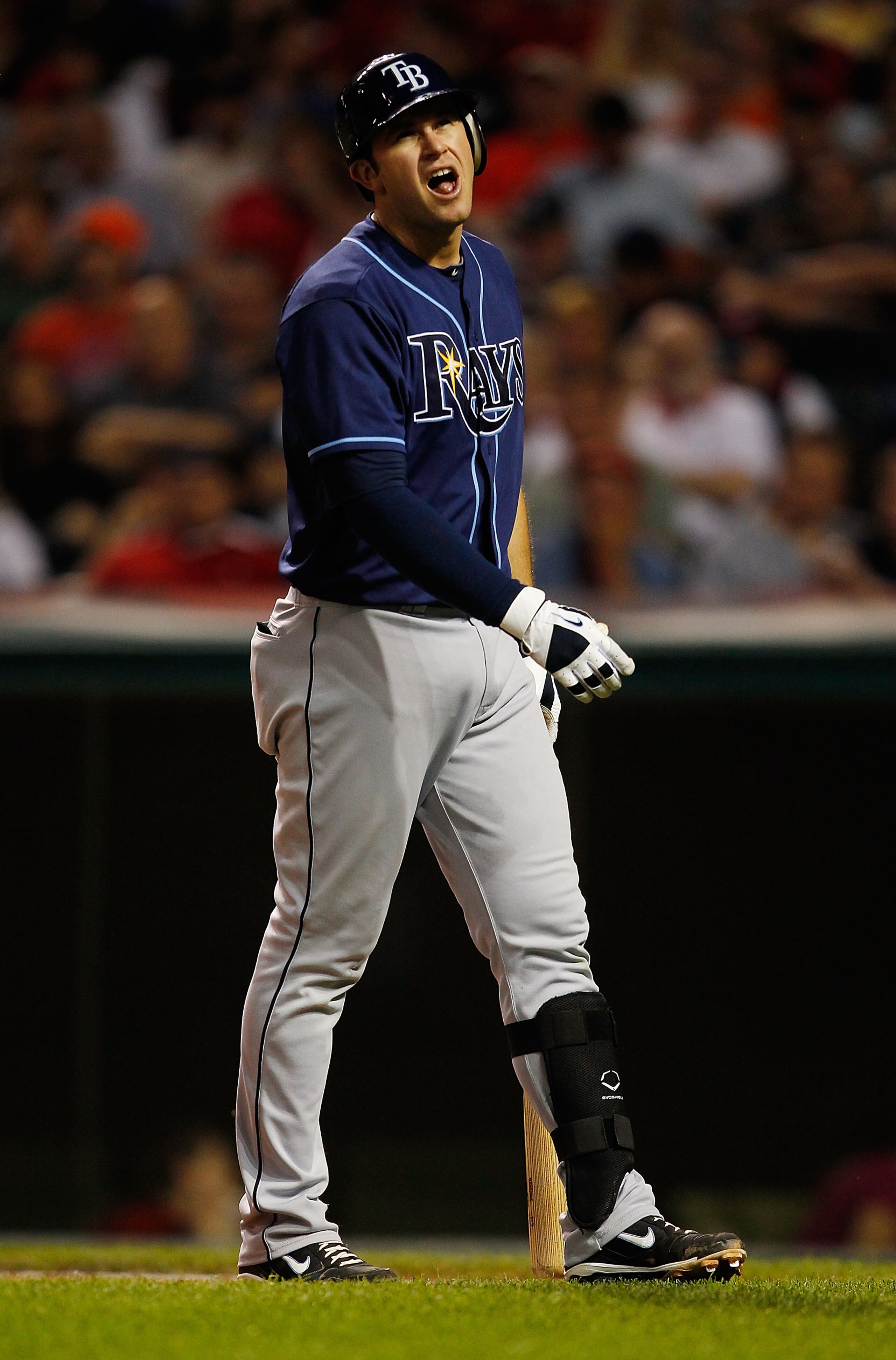CLEVELAND - MAY 11:  Evan Longoria #3 of the Tampa Bay Rays reacts after getting hit by a pitch during the game against the Cleveland Indians on May 11, 2011 at Progressive Field in Cleveland, Ohio.  (Photo by Jared Wickerham/Getty Images)