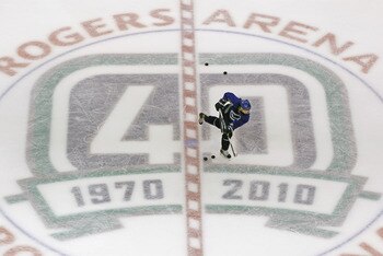 VANCOUVER, BC - MAY 31: Dan Hamhuis #2 of the Vancouver Canucks takes a shot during a practice session the day before the opening game of the 2011 NHL Stanley Cup Finals at the Rogers Arena on May 31, 2011 in Vancouver, Canada.  (Photo by Bruce Bennett/Ge