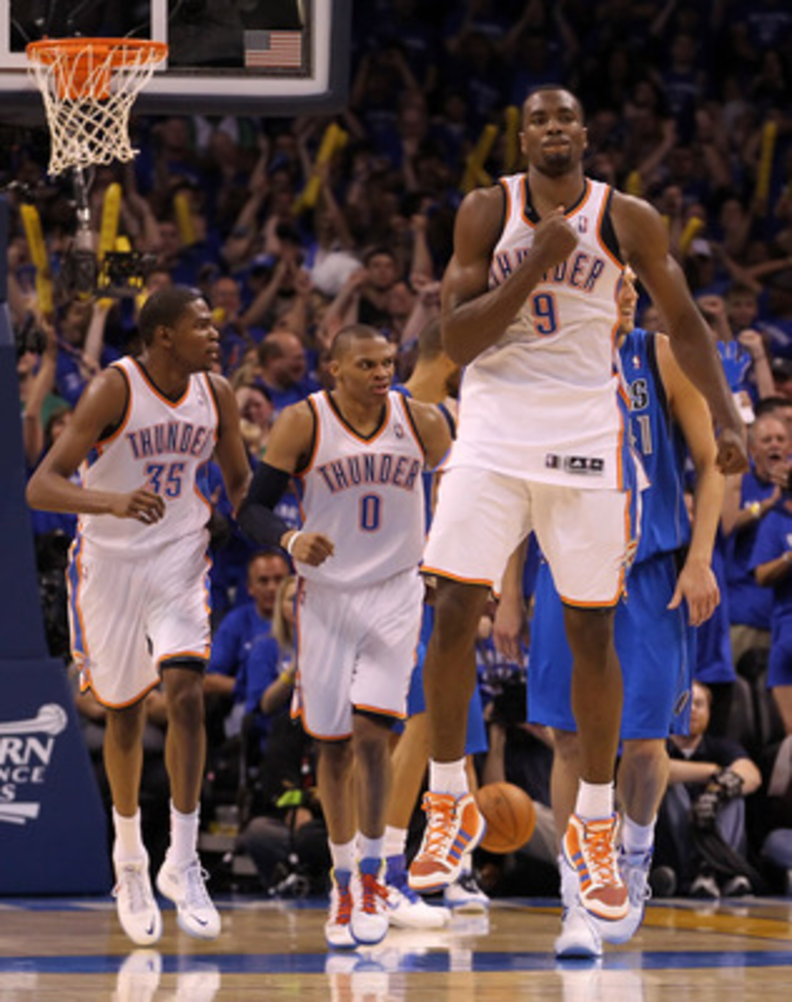 OKLAHOMA CITY, OK - MAY 23:  Serge Ibaka #9 of the Oklahoma City Thunder reacts in the fourth quarter while taking on the Dallas Mavericks in Game Four of the Western Conference Finals during the 2011 NBA Playoffs at Oklahoma City Arena on May 23, 2011 in