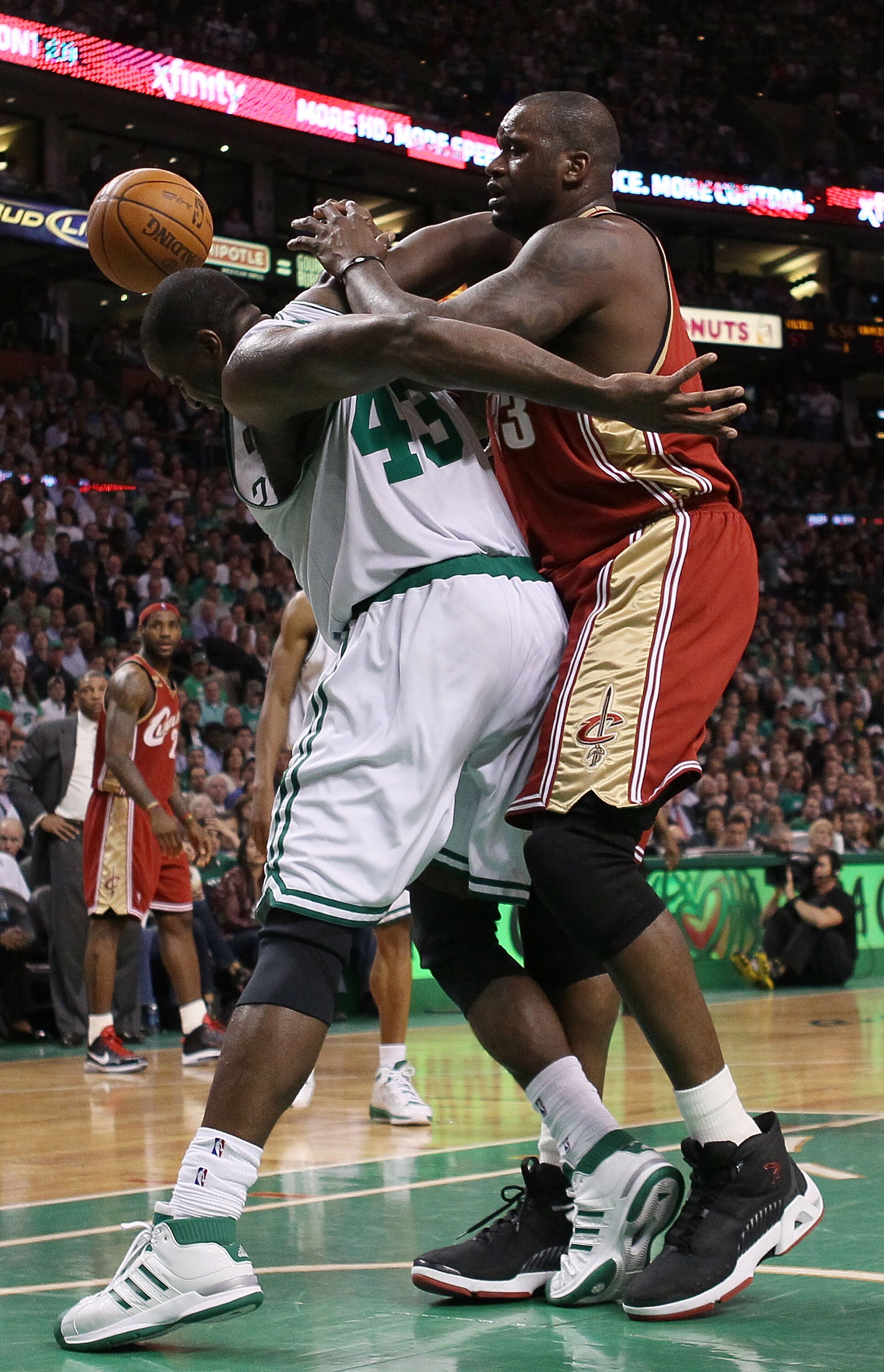 BOSTON - MAY 13:  Kendrick Perkins #43 of the Boston Celtics and Shaquille O'Neal #33 of the Cleveland Cavaliers fight for the ball during Game Six of the Eastern Conference Semifinals of the 2010 NBA playoffs at TD Garden on May 13, 2010 in Boston, Massa