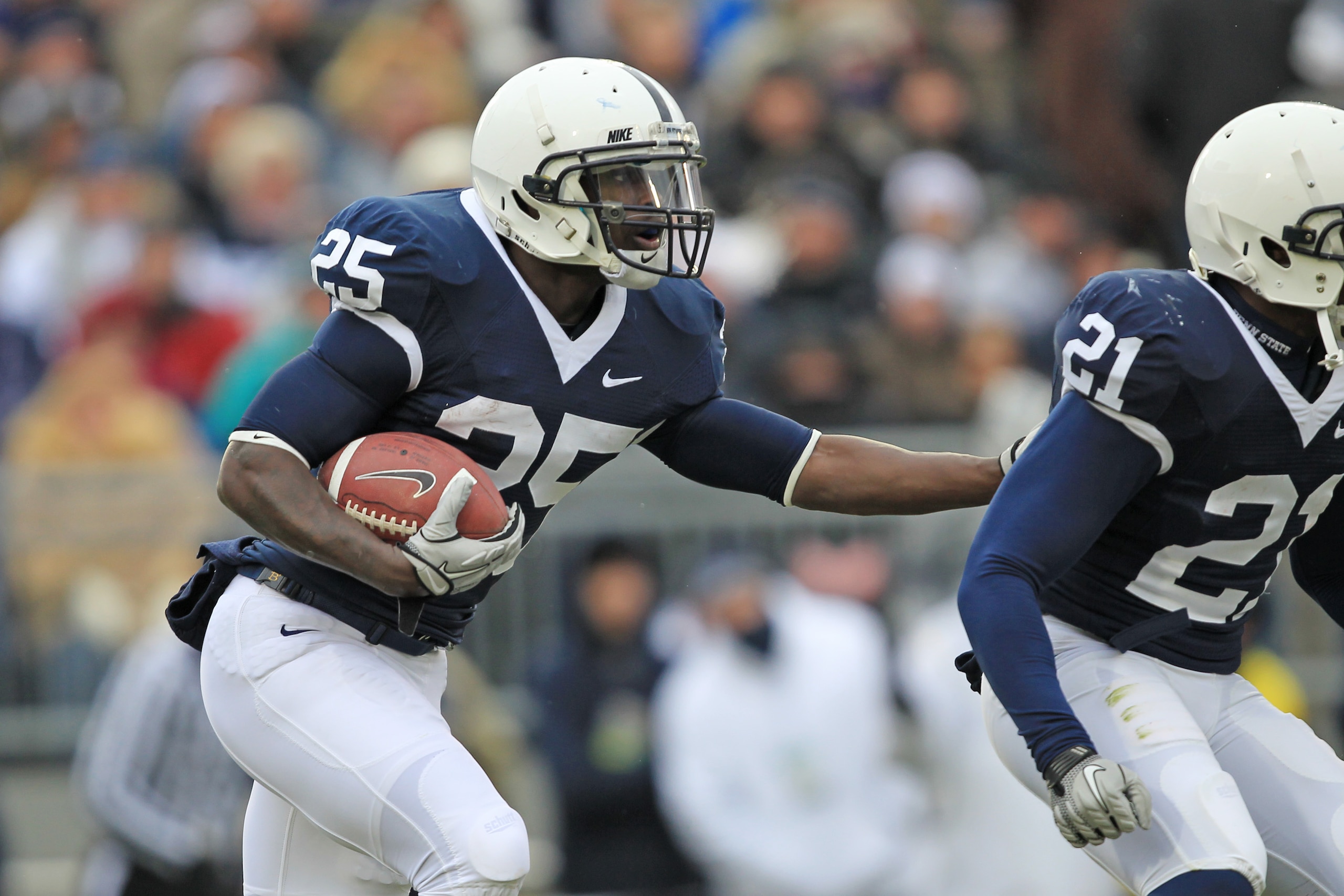 STATE COLLEGE, PA - NOVEMBER 27: Running back Silas Redd #25 of the Penn State Nittany Lions carries the ball during a game against the Michigan State Spartans on November 27, 2010 at Beaver Stadium in State College, Pennsylvania. The Spartans won 28-22. STATE COLLEGE, PA - NOVEMBER 27: Running back Silas Redd #25 of the Penn State Nittany Lions carries the ball during a game against the Michigan State Spartans on November 27, 2010 at Beaver Stadium in State College, Pennsylvania. The Spartans won 28-22.