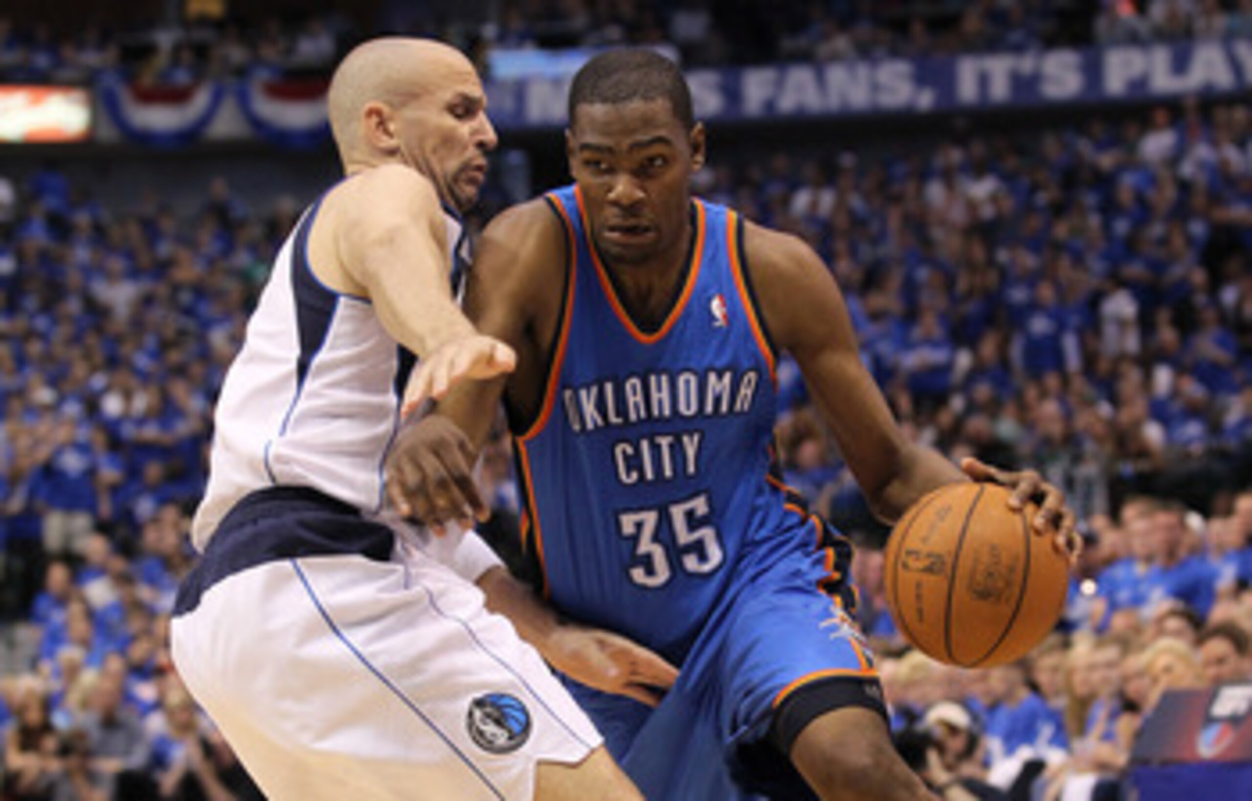 DALLAS, TX - MAY 19:  Kevin Durant #35 of the Oklahoma City Thunder drives on Jason Kidd #2 of the Dallas Mavericks in Game Two of the Western Conference Finals during the 2011 NBA Playoffs at American Airlines Center on May 19, 2011 in Dallas, Texas. NOT