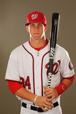 VIERA, FL - FEBRUARY 25:  Bryce Harper #34 of the Washington Nationals poses for a portrait during Spring Training Photo Day at Space Coast Stadium on February 25, 2011 in Viera, Florida.  (Photo by Al Bello/Getty Images)