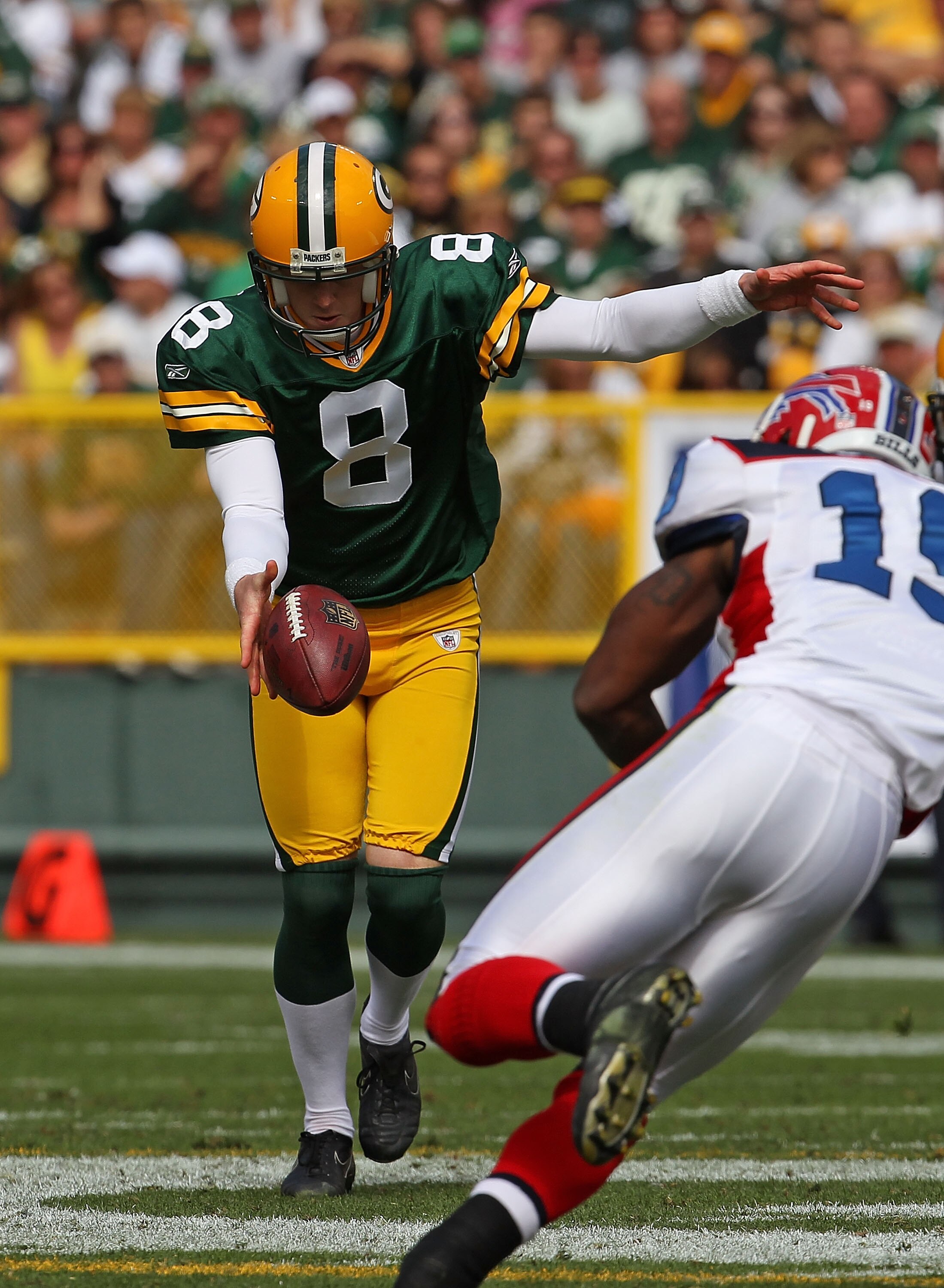GREEN BAY, WI - SEPTEMBER 19: Tim Masthay #8 of the Green Bay Packers punts the ball against the Buffalo Bills at Lambeau Field on September 19, 2010 in Green Bay, Wisconsin. The Packers defeated the Bills 34-7. (Photo by Jonathan Daniel/Getty Images)
