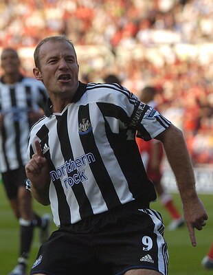 MIDDLESBROUGH, ENGLAND - AUGUST 14:  Alan Shearer of Newcastle celebrates after scoring the second goal with a penalty during the Barclays Premiership match between Middlesbrough and Newcastle United at the Riverside Stadium on August 14, 2004 in Middlesb