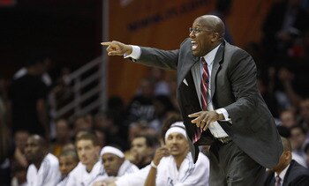 CLEVELAND - MAY 03:  Head coach Mike Brown of the Cleveland Cavaliers shouts instructions from the bench while playing the Boston Celtics in Game Two of the Eastern Conference Semifinals during the 2010 NBA Playoffs at Quicken Loans Arena on May 3, 2010 i
