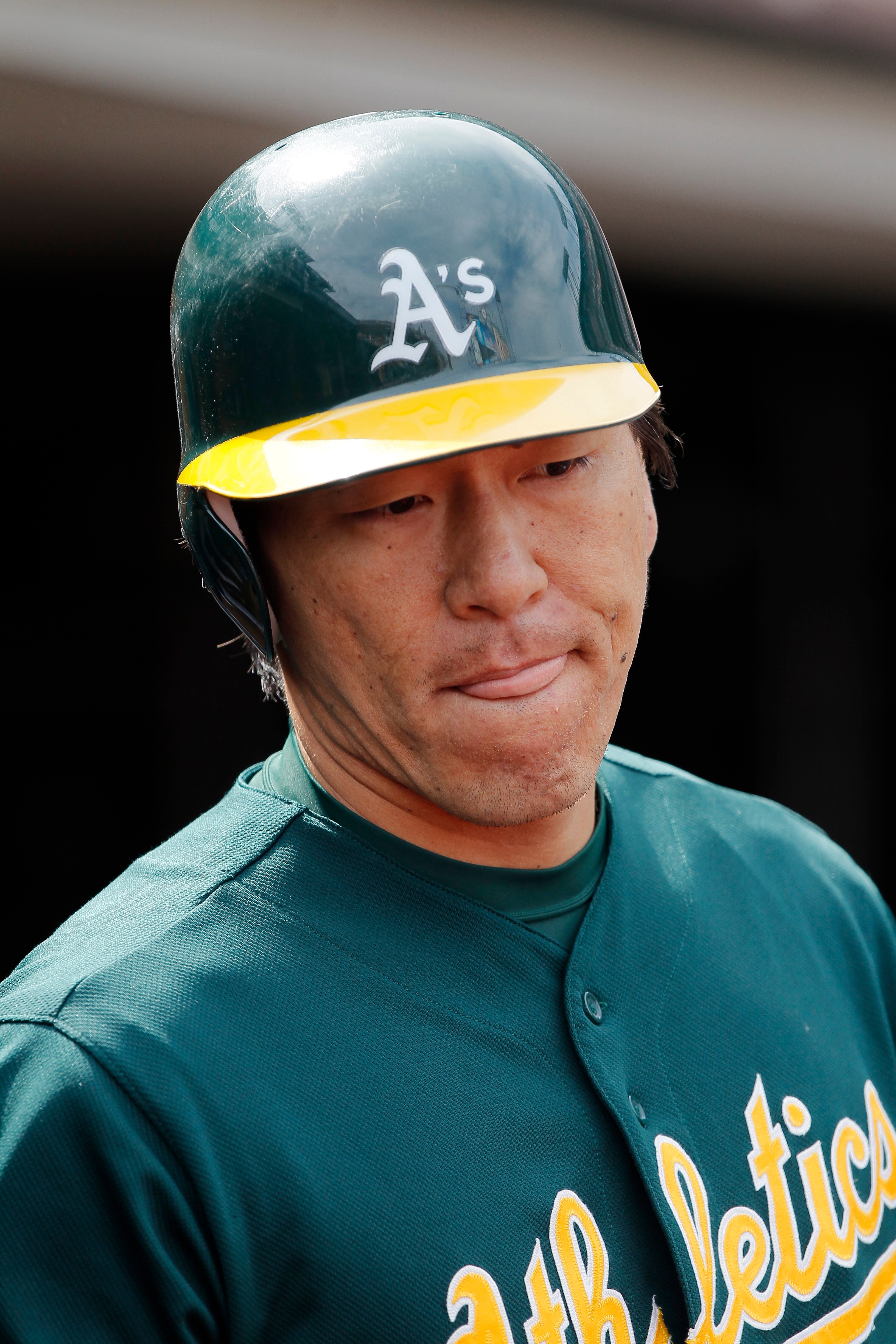 SAN FRANCISCO, CA - MAY 22: Hideki Matsui #55 of the Oakland A's waits to pinch hit against the San Francisco Giants in the eighth inning at AT&T Park on May 22, 2011 in San Francisco, California. His sacrifice fly put the A's up 4-1, but the Giants won 5