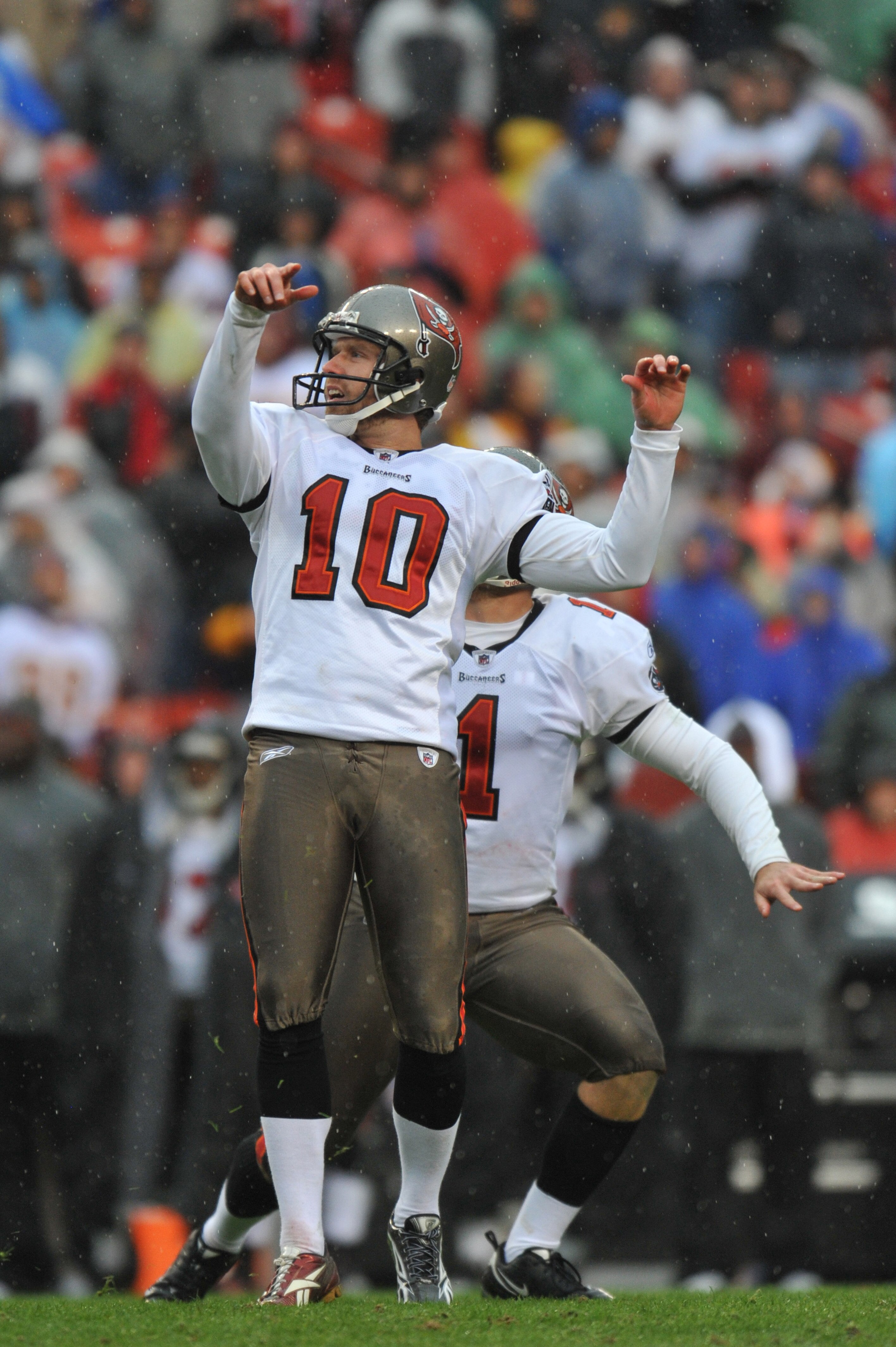 LANDOVER, MD - DECEMBER 12:  Connor Barth #10 of the Tampa Bay Buccaneers watches a successful field goal against the Washington Redskins  at FedExField on December 12, 2010 in Landover, Maryland. The Buccaneers defeated the Redskins 17-16. (Photo by Larr