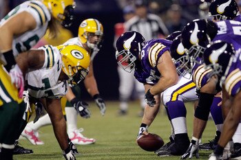 MINNEAPOLIS - OCTOBER 05:  Center John Sullivan #65 and the Minnesota Vikings line up during the game against the Green Bay Packers on October 5, 2009 at Hubert H. Humphrey Metrodome in Minneapolis, Minnesota.  (Photo by Jamie Squire/Getty Images)