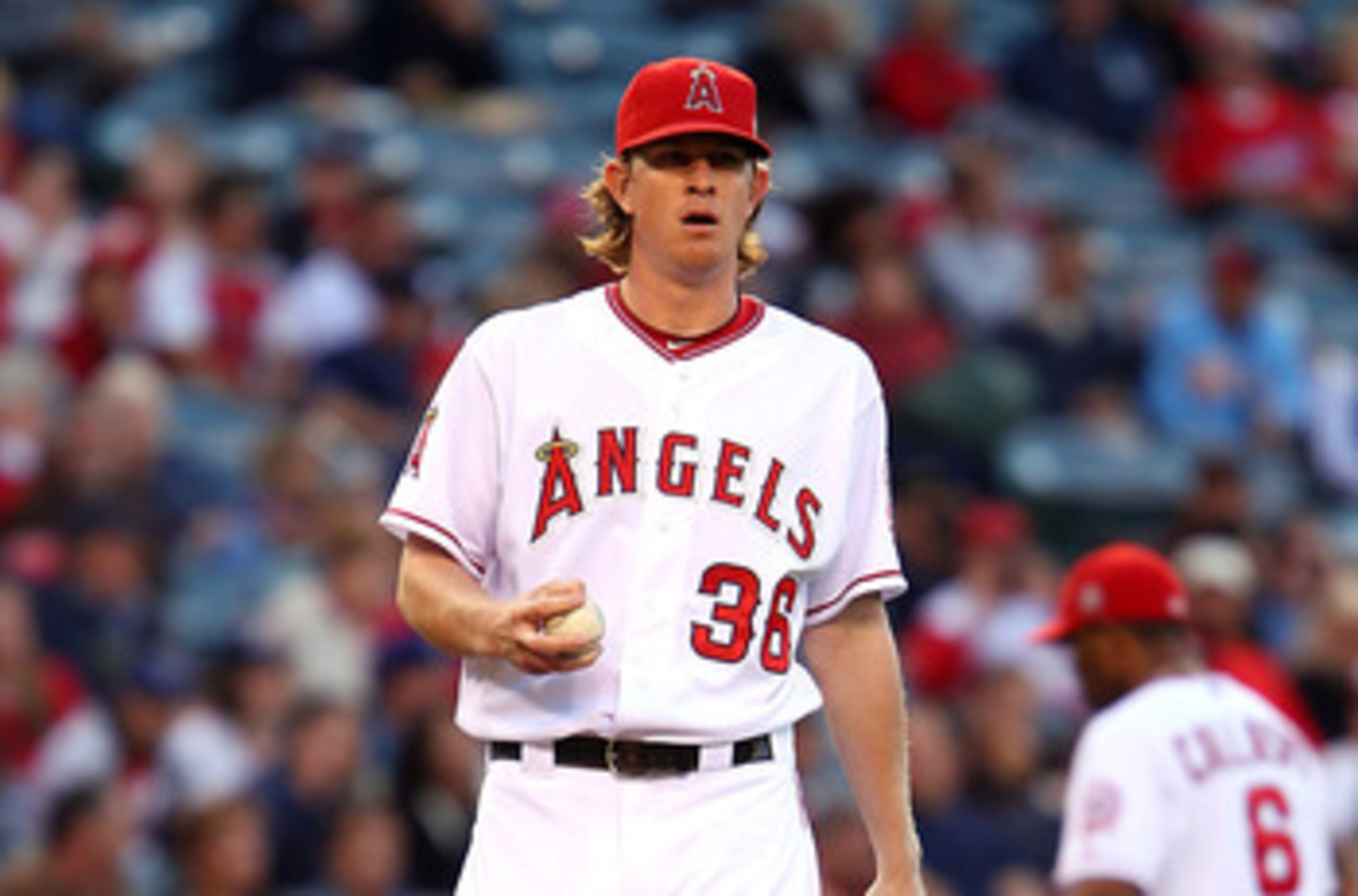ANAHEIM, CA - MAY 23:  Jered Weaver #36 of the Los Angeles Angels of Anaheim pitches in the second inning against the Oakland Athletics during the game at Angel Stadium of Anaheim on May 23, 2011 in Anaheim, California.  (Photo by Joe Scarnici/Getty Image