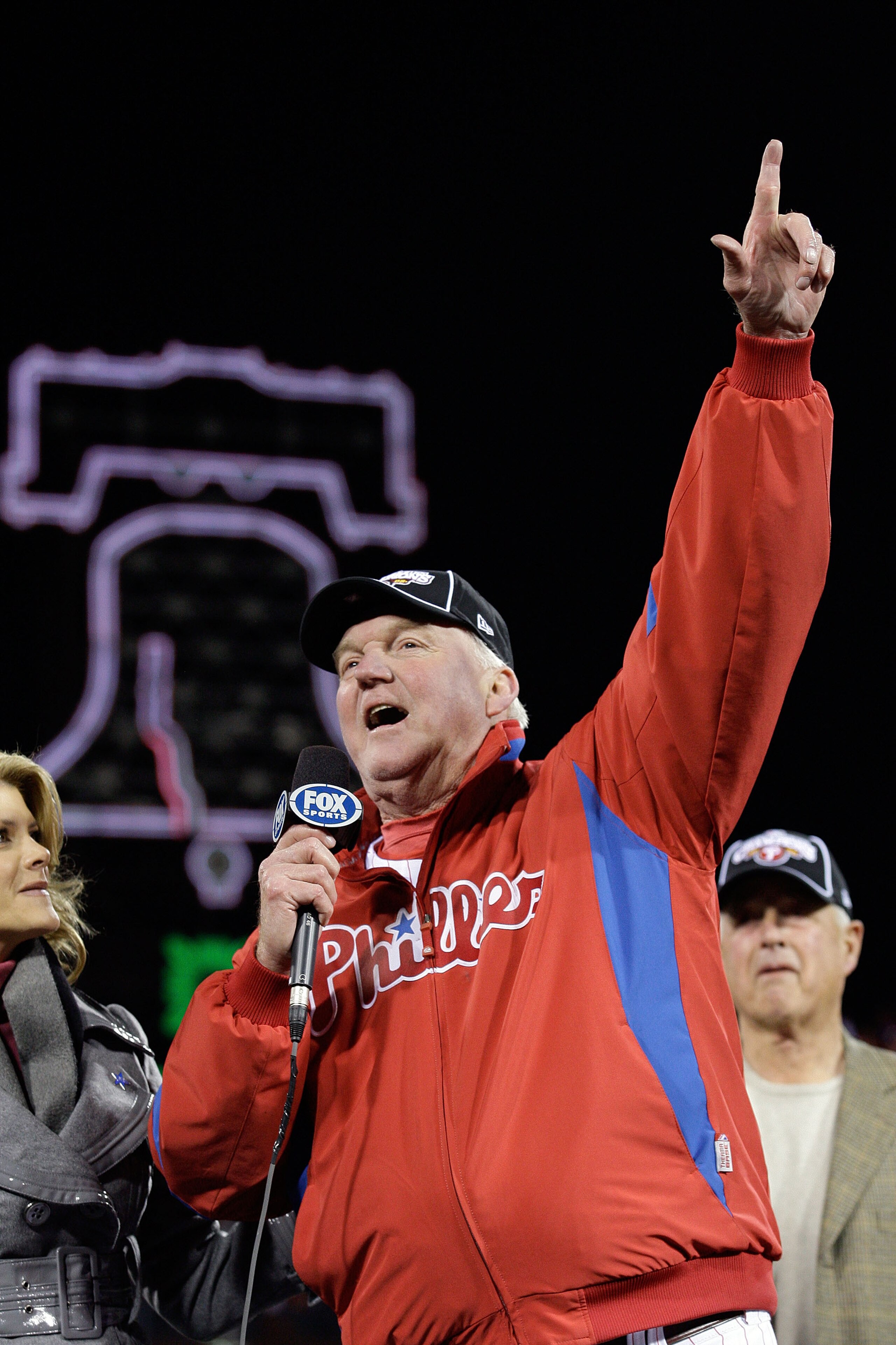 PHILADELPHIA - OCTOBER 29:  Manager Charlie Manuel #41 of the Philadelphia Phillies addresses the fans as he celebrates their 4-3 win to win the World Series  against the Tampa Bay Rays during the continuation of game five of the 2008 MLB World Series on