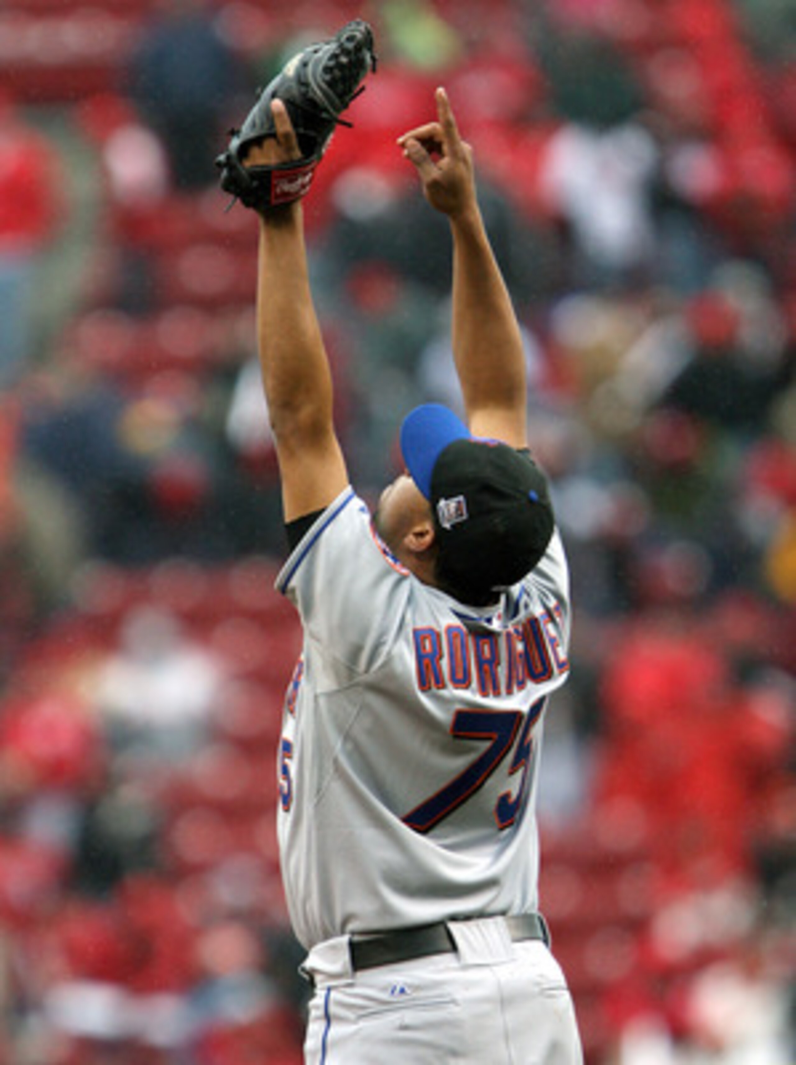 CINCINNATI, OH - APRIL 6: Relief pitcher Francisco Rodriquez #75 of the New York Mets celebrates his save against the Cincinnati Reds at Great American Ballpark on April 6, 2009 in Cincinnati, Ohio. The Mets won 2-1)(Photo by Mark Lyons/Getty Images)