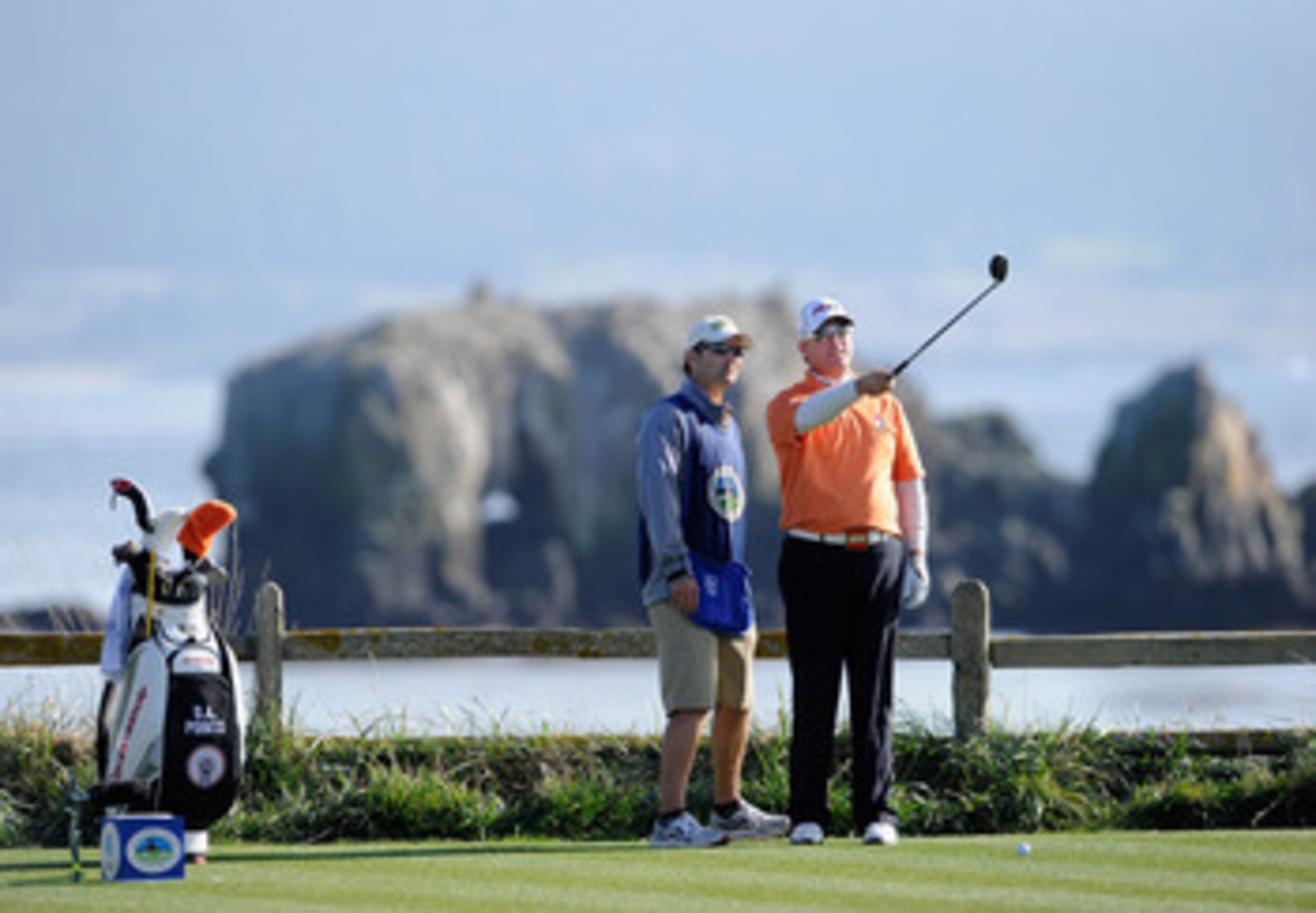 PEBBLE BEACH, CA - FEBRUARY 13:  D.A Points (R) and his caddie talk during the final round of the AT&T Pebble Beach National Pro-Am at Pebble Beach Golf Links on February 13, 2011  in Pebble Beach, California.  (Photo by Stuart Franklin/Getty Images)