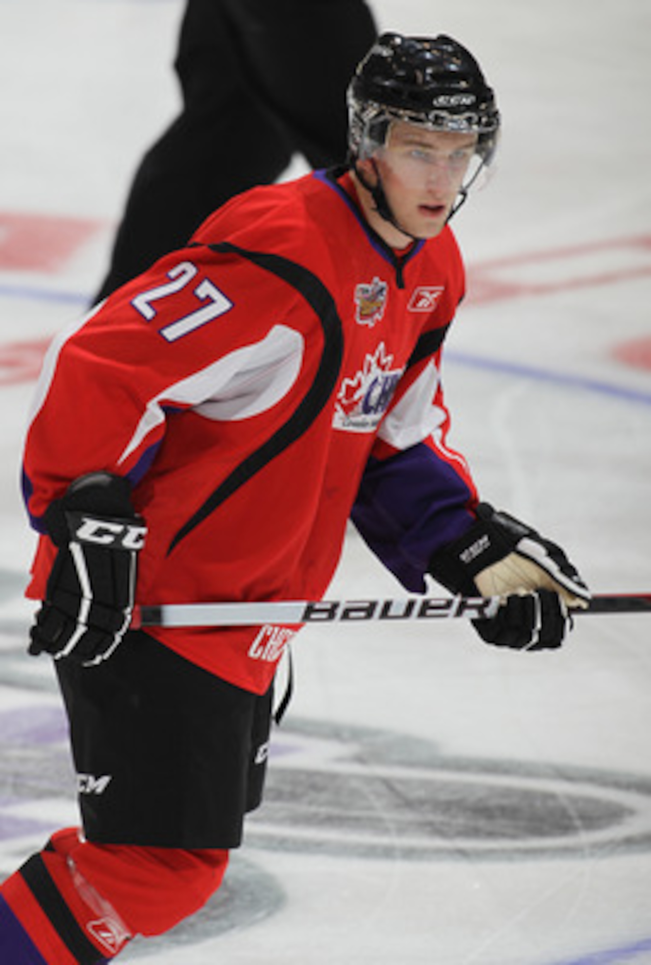 TORONTO, CAN - JANUARY 19:  Joe Morrow #27 of Team Cherry skates against Team Orr in the 2011 Home Hardware Top Prospects game on January 19, 2011 at the Air Canada Centre in Toronto, Canada. Team Orr defeated Team Cherry 7-1. (Photo by Claus Andersen/Get