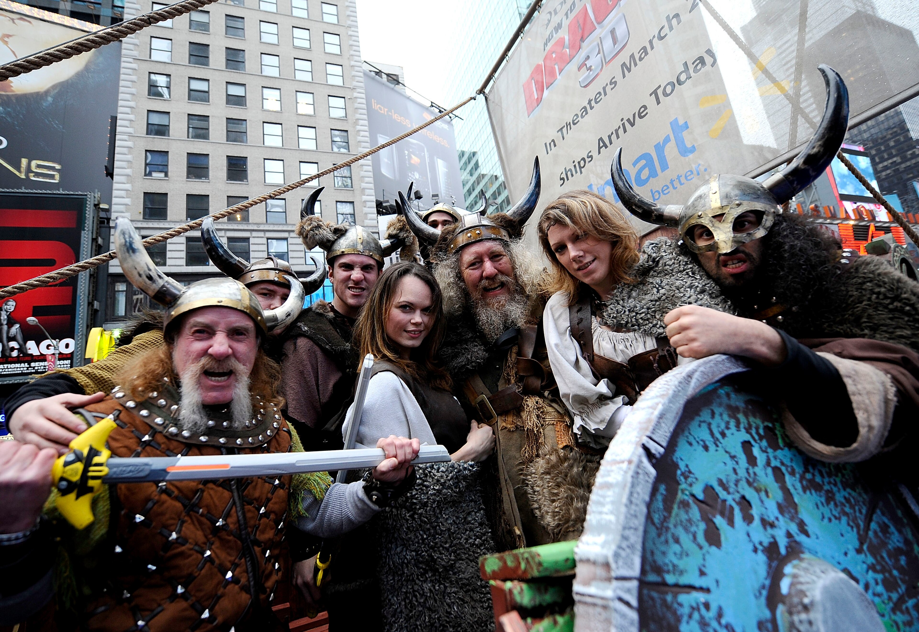 NEW YORK - MARCH 23:  A group of Vikings are photographed aboard Walmart's 40-foot Viking ship modeled after the ships that appear in the new Dreamworks 3D animated feature film 'How To Train Your Dragon' in Times Square on March 23, 2010 in New York City