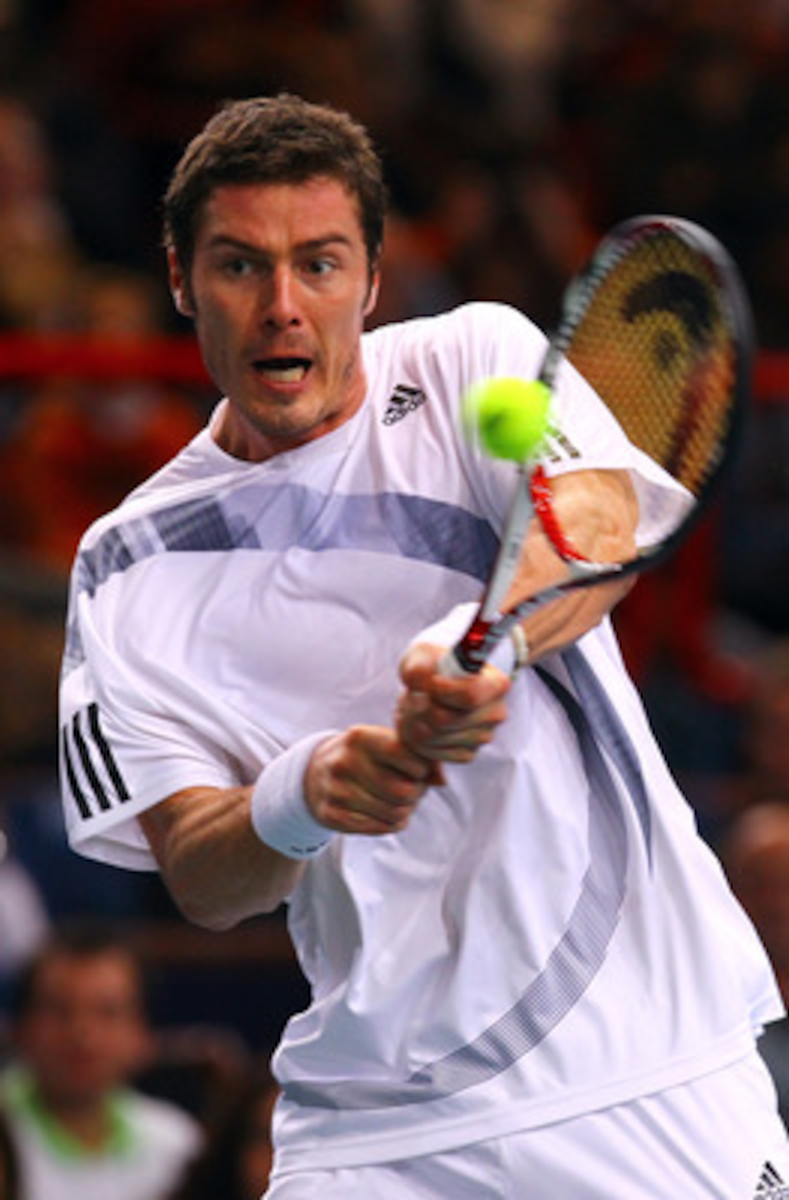 PARIS - NOVEMBER 11:  Marit Safin of Russia in action during his match against Juan Martin Del Potro of Argentina during the ATP Masters Series at the Palais Omnisports De Paris-Bercy on November 11, 2009 in Paris, France.  (Photo by Clive Rose/Getty Imag