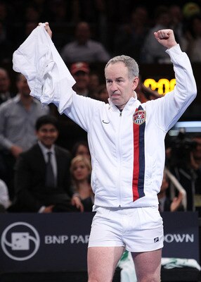 NEW YORK, NY - FEBRUARY 28:  John McEnroe reacts as he reveals his short shorts to the crowd after he retired from his match against Ivan Lendl during the BNP Paribas Showdown at Madison Square Garden on February 28, 2011 in New York City.  (Photo by Nick