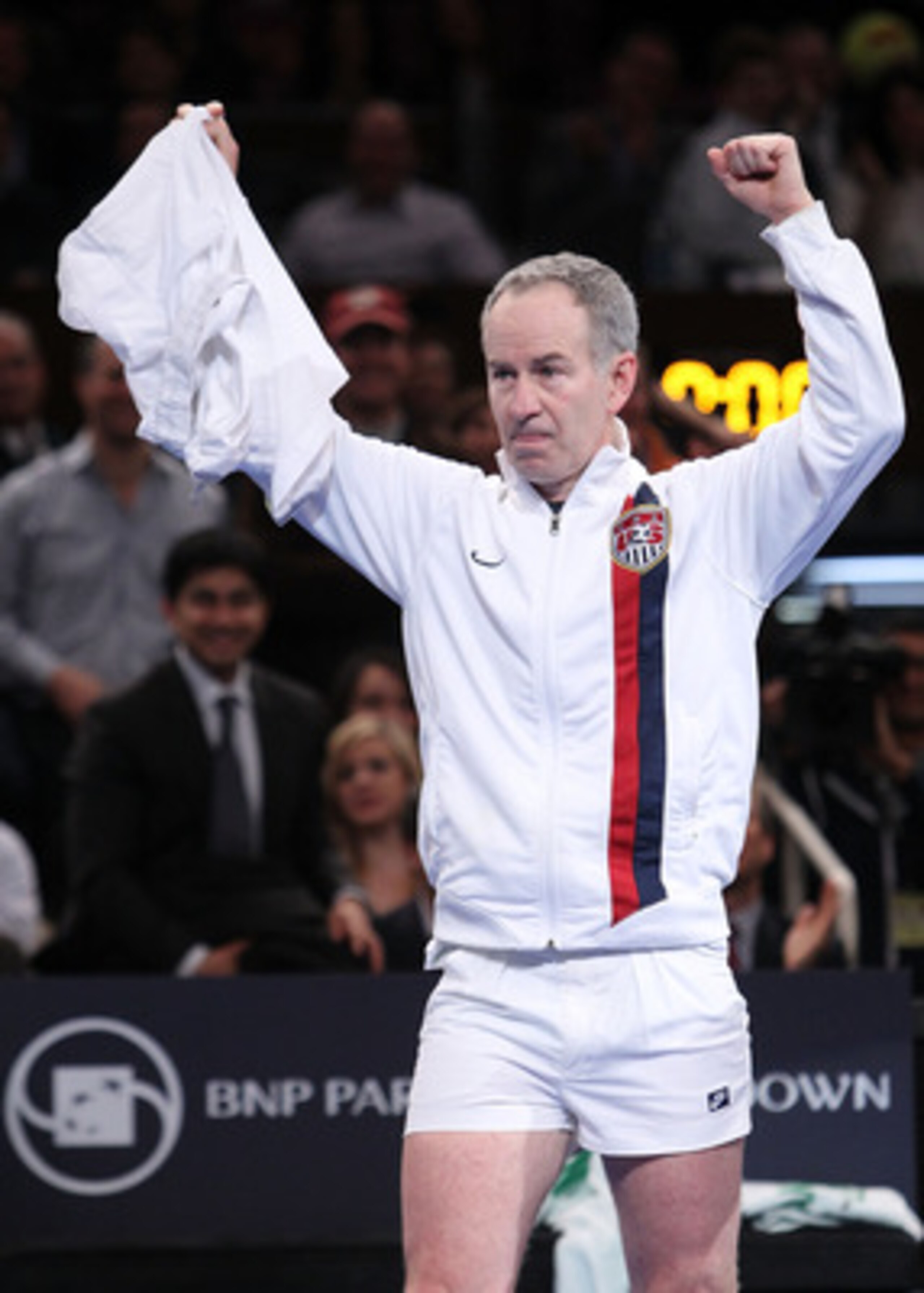 NEW YORK, NY - FEBRUARY 28:  John McEnroe reacts as he reveals his short shorts to the crowd after he retired from his match against Ivan Lendl during the BNP Paribas Showdown at Madison Square Garden on February 28, 2011 in New York City.  (Photo by Nick