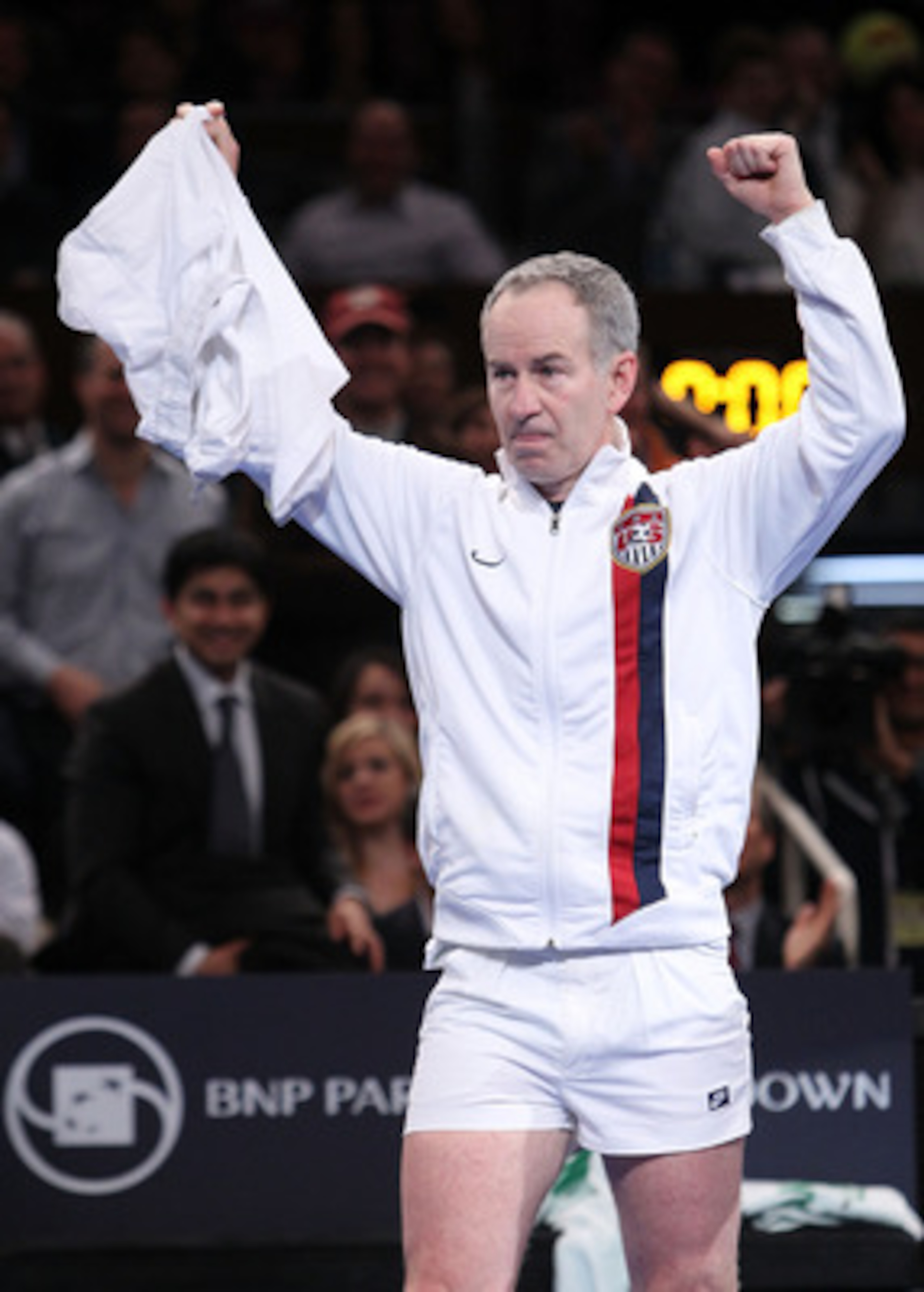 NEW YORK, NY - FEBRUARY 28:  John McEnroe reacts as he reveals his short shorts to the crowd after he retired from his match against Ivan Lendl during the BNP Paribas Showdown at Madison Square Garden on February 28, 2011 in New York City.  (Photo by Nick