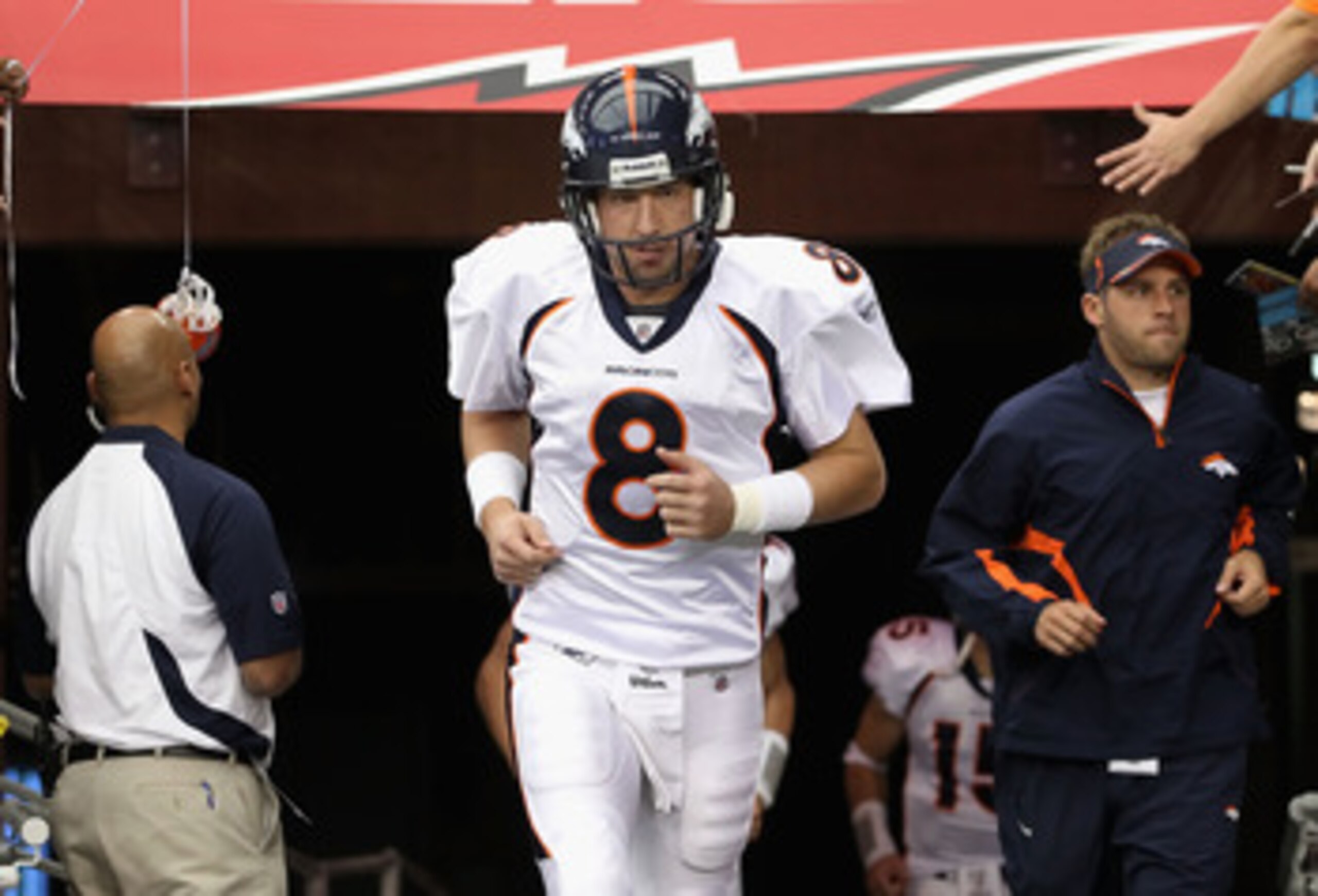 GLENDALE, AZ - DECEMBER 12: Quarterback Kyle Orton #8 of the Denver Broncos runs out onto the field before the NFL game against the Arizona Cardinals at the University of Phoenix Stadium on December 12, 2010 in Glendale, Arizona. (Photo by Christian Pet GLENDALE, AZ - DECEMBER 12: Quarterback Kyle Orton #8 of the Denver Broncos runs out onto the field before the NFL game against the Arizona Cardinals at the University of Phoenix Stadium on December 12, 2010 in Glendale, Arizona. (Photo by Christian Pet