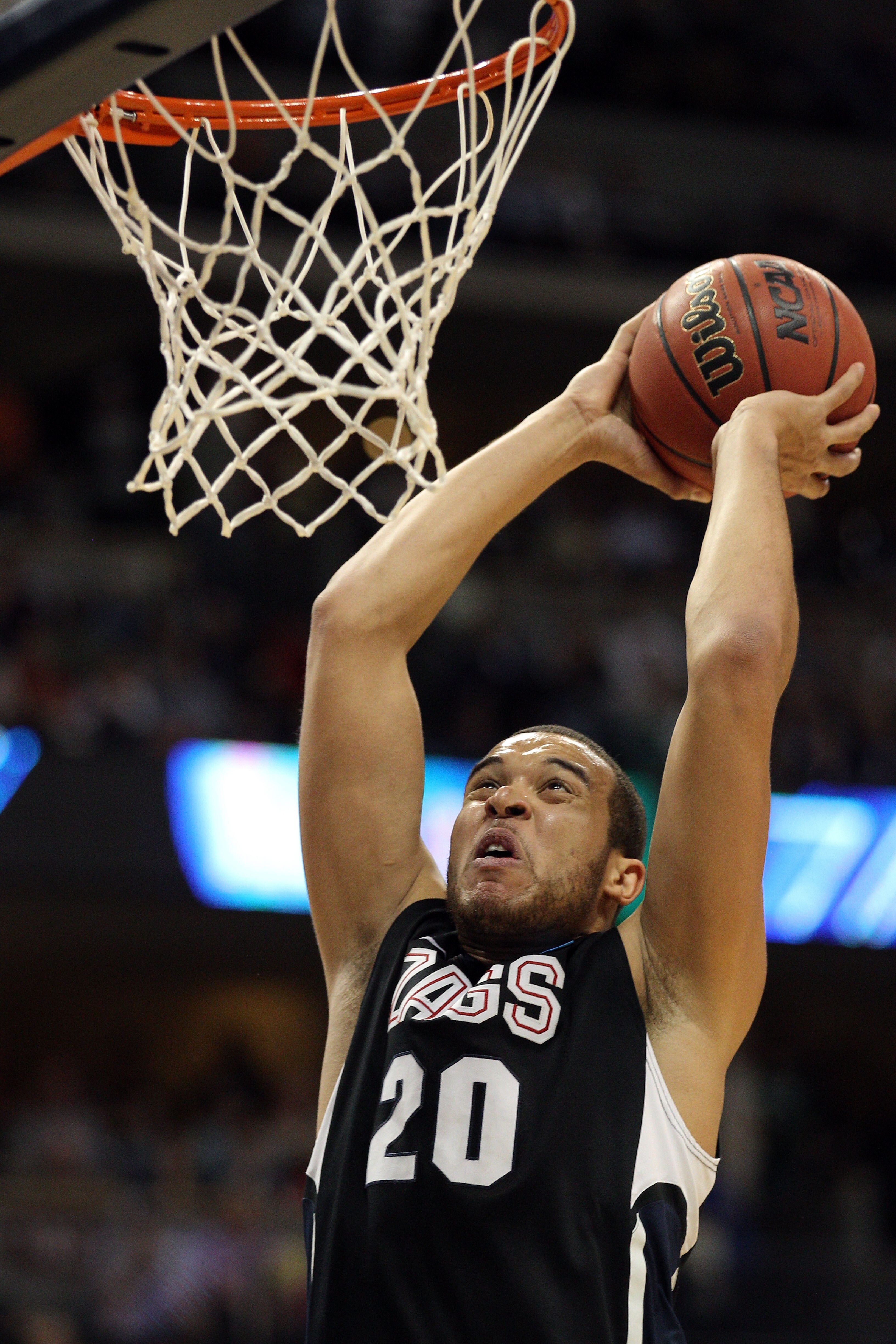 DENVER, CO - MARCH 19:  Elias Harris #20 of the Gonzaga Bulldogs goes up for a dunk against the Brigham Young Cougars during the third round of the 2011 NCAA men's basketball tournament at Pepsi Center on March 19, 2011 in Denver, Colorado.  (Photo by Jus
