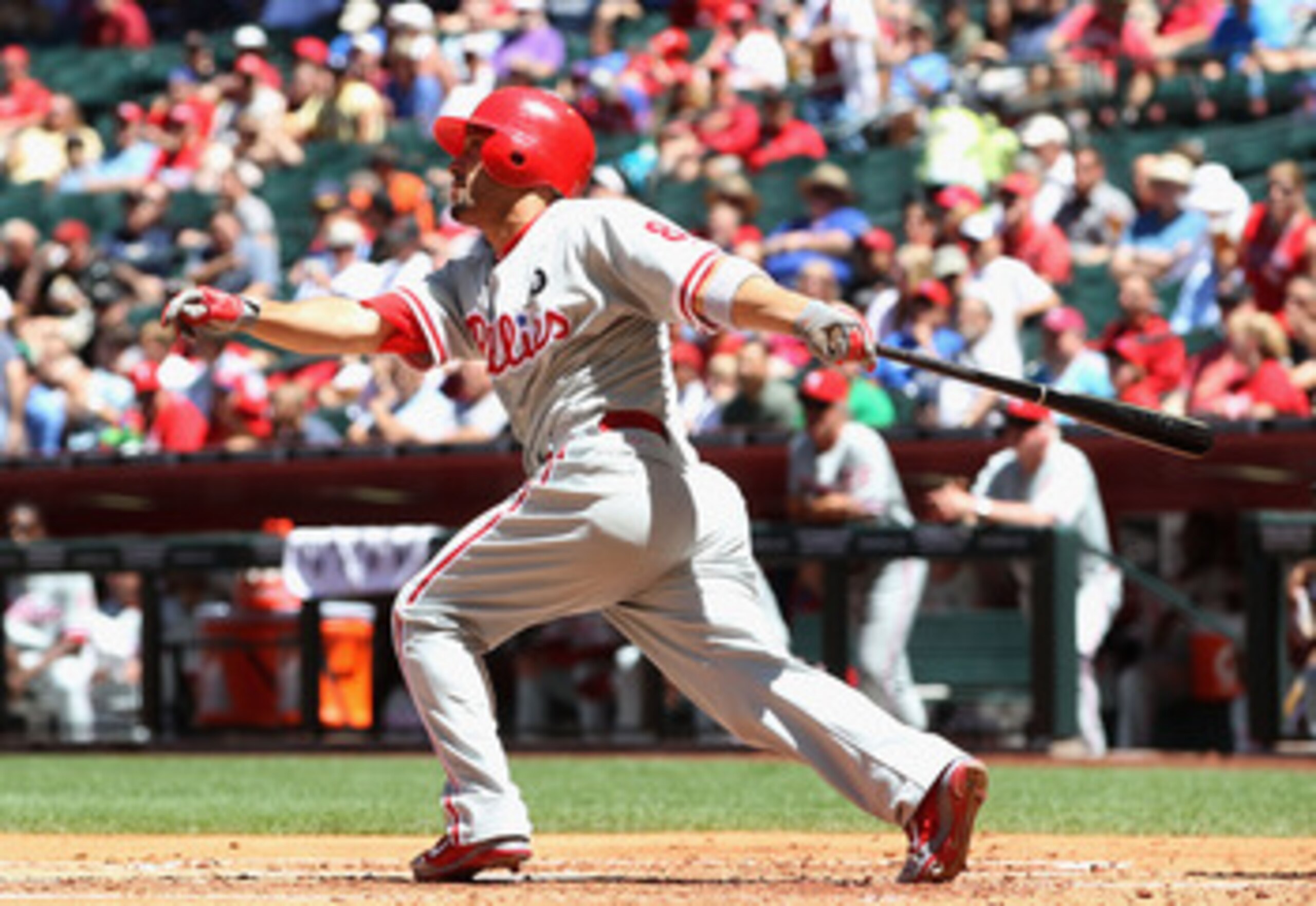 PHOENIX, AZ - APRIL 27:  Shane Victorino #8 of the Philadelphia Phillies hits a solo home run against the Arizona Diamondbacks during the second inning of the Major League Baseball game at Chase Field on April 27, 2011 in Phoenix, Arizona.  (Photo by Chri
