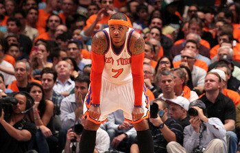 NEW YORK, NY - APRIL 24:  Carmelo Anthony #7 of the New York Knicks looks on against the Boston Celtics in Game Four of the Eastern Conference Quarterfinals during the 2011 NBA Playoffs on April 24, 2011 at Madison Square Garden in New York City. The Celt
