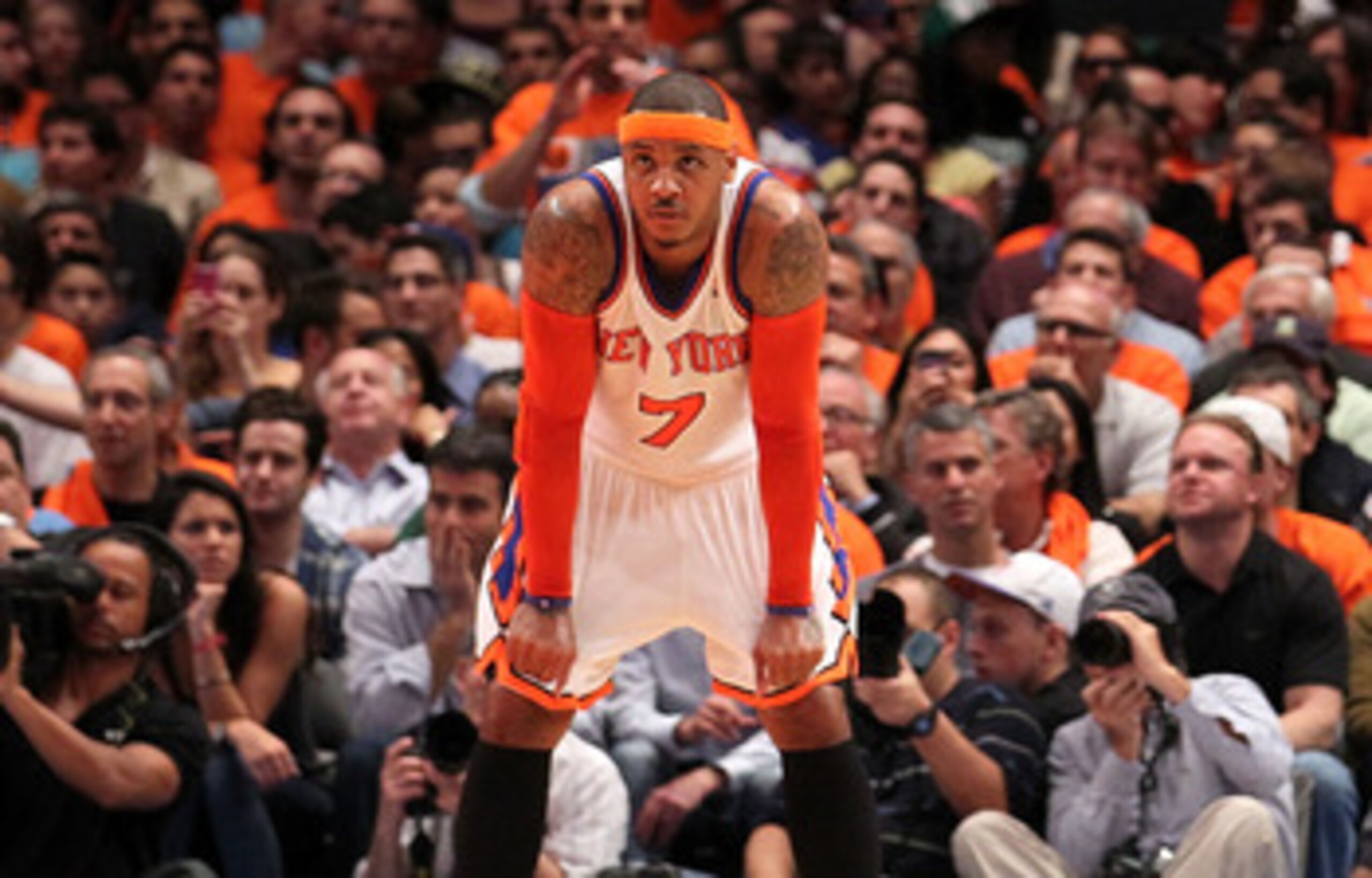 NEW YORK, NY - APRIL 24:  Carmelo Anthony #7 of the New York Knicks looks on against the Boston Celtics in Game Four of the Eastern Conference Quarterfinals during the 2011 NBA Playoffs on April 24, 2011 at Madison Square Garden in New York City. The Celt