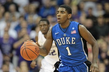 KANSAS CITY, MO - NOVEMBER 23:  Kyrie Irving #1 of the Duke Blue Devils in action during the CBE Classic game against the Kansas State Wildcats on November 23, 2010 at the Sprint Center in Kansas City, Missouri.  (Photo by Jamie Squire/Getty Images)