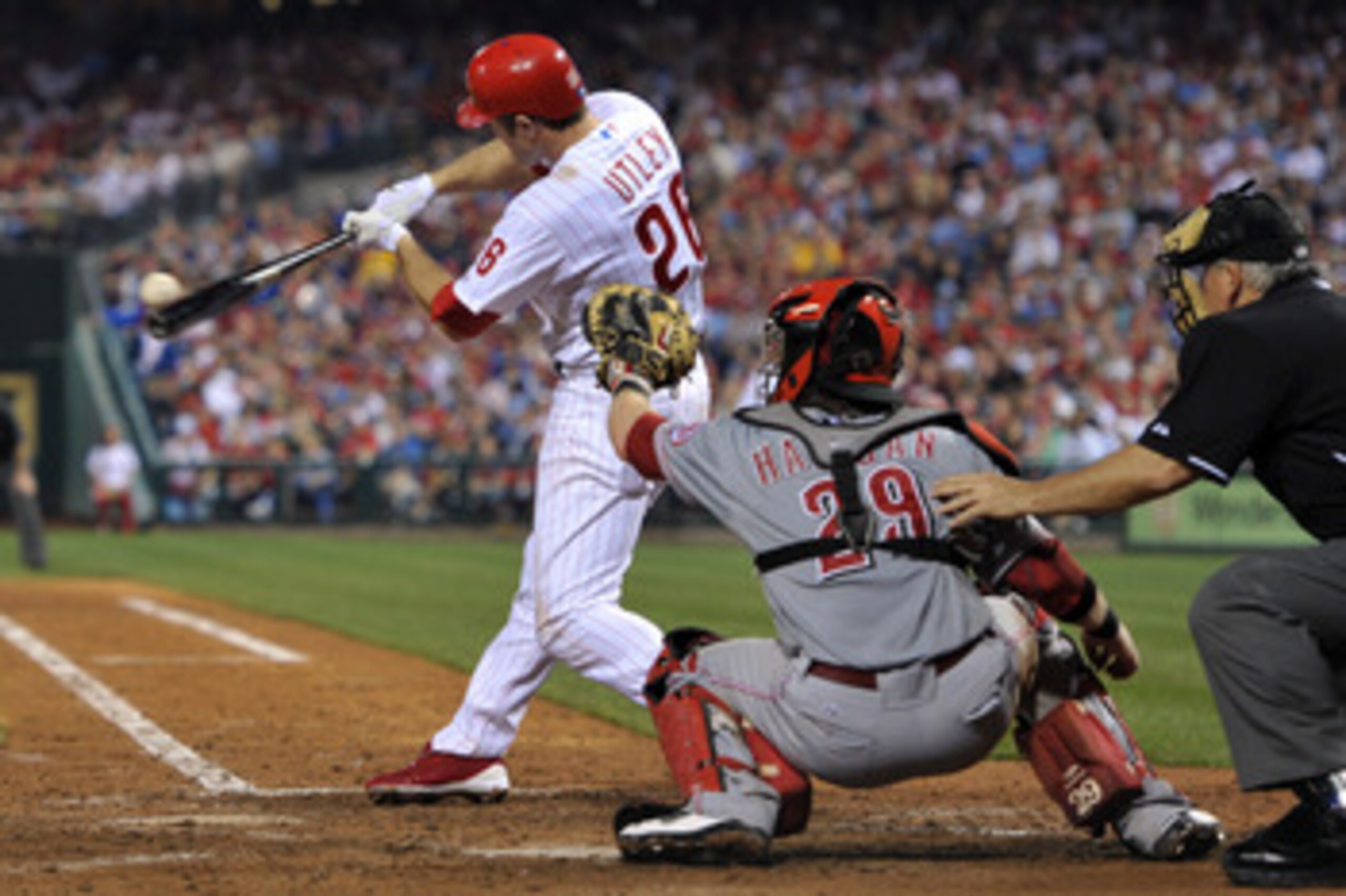 PHILADELPHIA, PA - MAY 23: Chase Utley #26 of the Philadelphia Phillies pops out in his first game back this season during the game against the Cincinnati Reds at Citizens Bank Park on May 23, 2011 in Philadelphia, Pennsylvania. Utley went 0-5 in during t