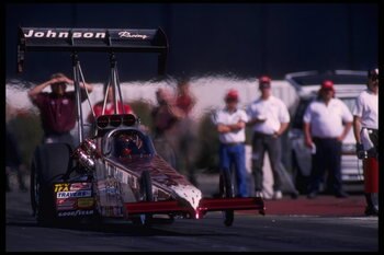 4 Feb 1996:  Blaine Johnson guns his hot rod in competition at the National Hot Rod Association Winternationals at the Pomona Dragway in Pomona, California.  Johnson placed first in the TopFuel racing series.  Mandatory Credit:  Jamie Squire/Allsport