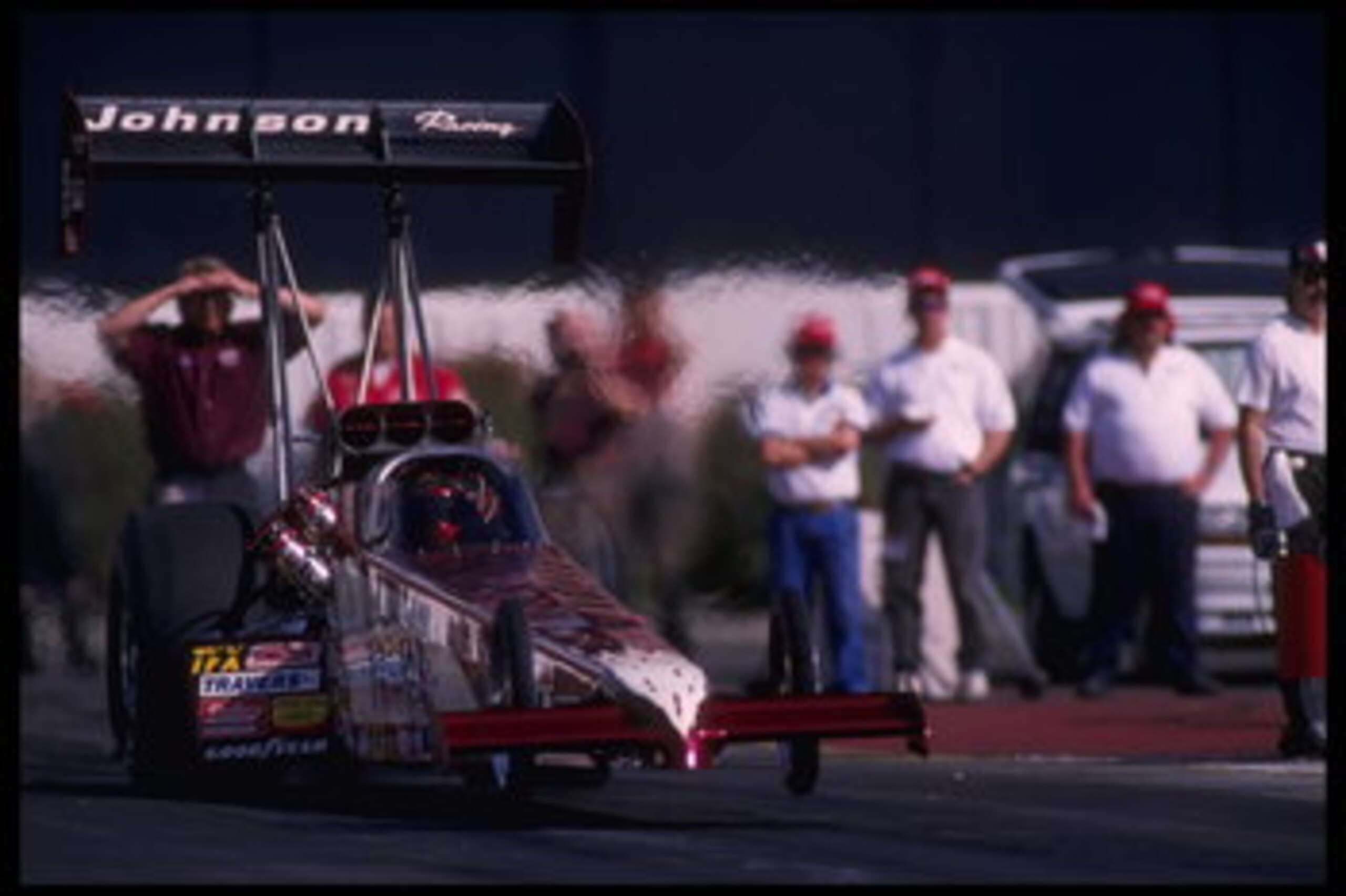 4 Feb 1996:  Blaine Johnson guns his hot rod in competition at the National Hot Rod Association Winternationals at the Pomona Dragway in Pomona, California.  Johnson placed first in the TopFuel racing series.  Mandatory Credit:  Jamie Squire/Allsport