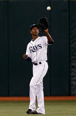 ST. PETERSBURG, FL - AUGUST 31:  Outfielder B.J. Upton #2 of the Tampa Bay Rays catches this fly ball against the Toronto Blue Jays during the game at Tropicana Field on August 31, 2010 in St. Petersburg, Florida.  (Photo by J. Meric/Getty Images)