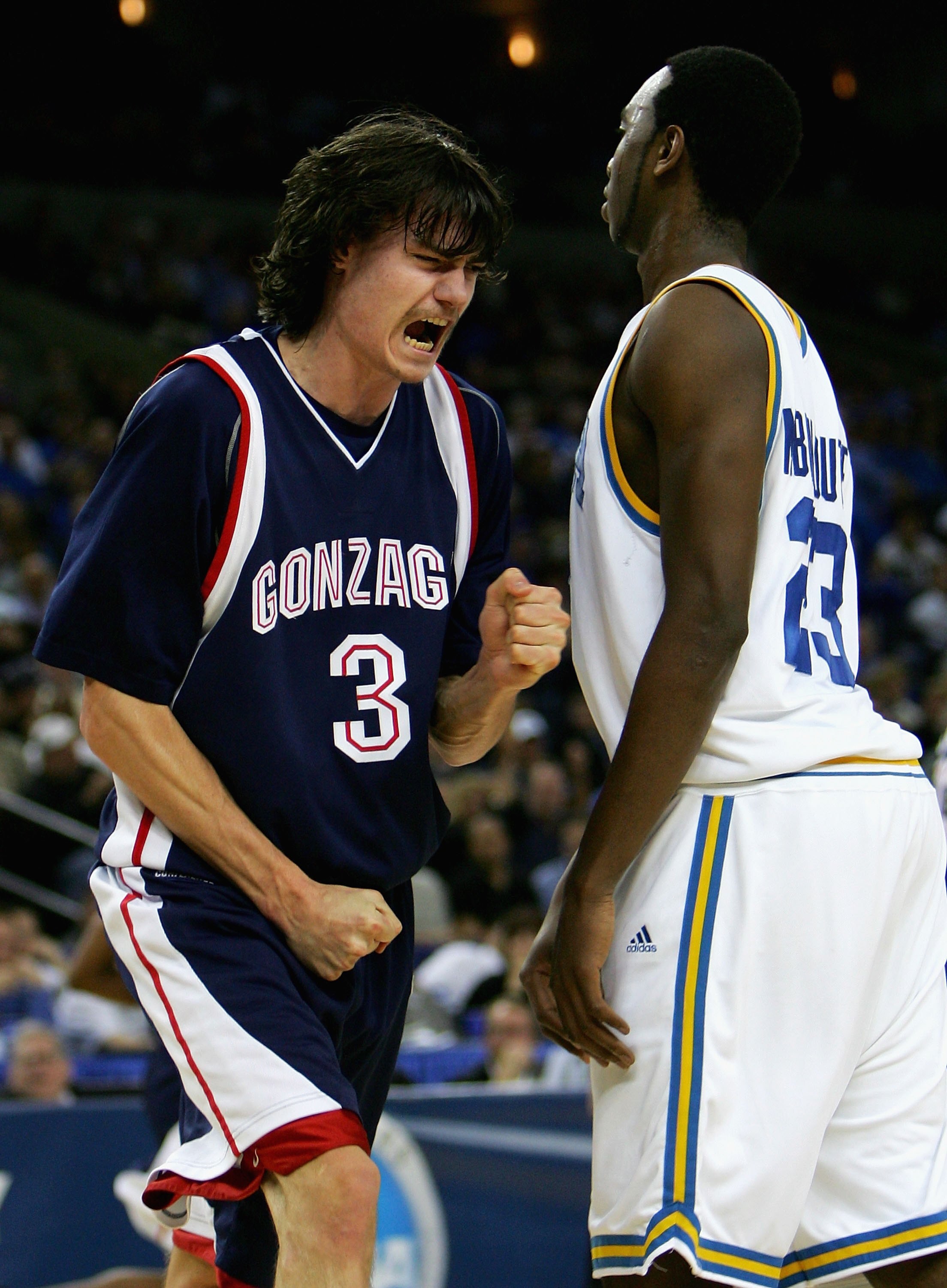 OAKLAND, CA - MARCH 23:  Adam Morrison #3 of the Gonzaga Bulldogs celebrates a basket and a foul call against the UCLA Bruins during the third round game of the NCAA Division I Men's Basketball Tournament at the Arena in Oakland on March 23, 2006 in Oakla