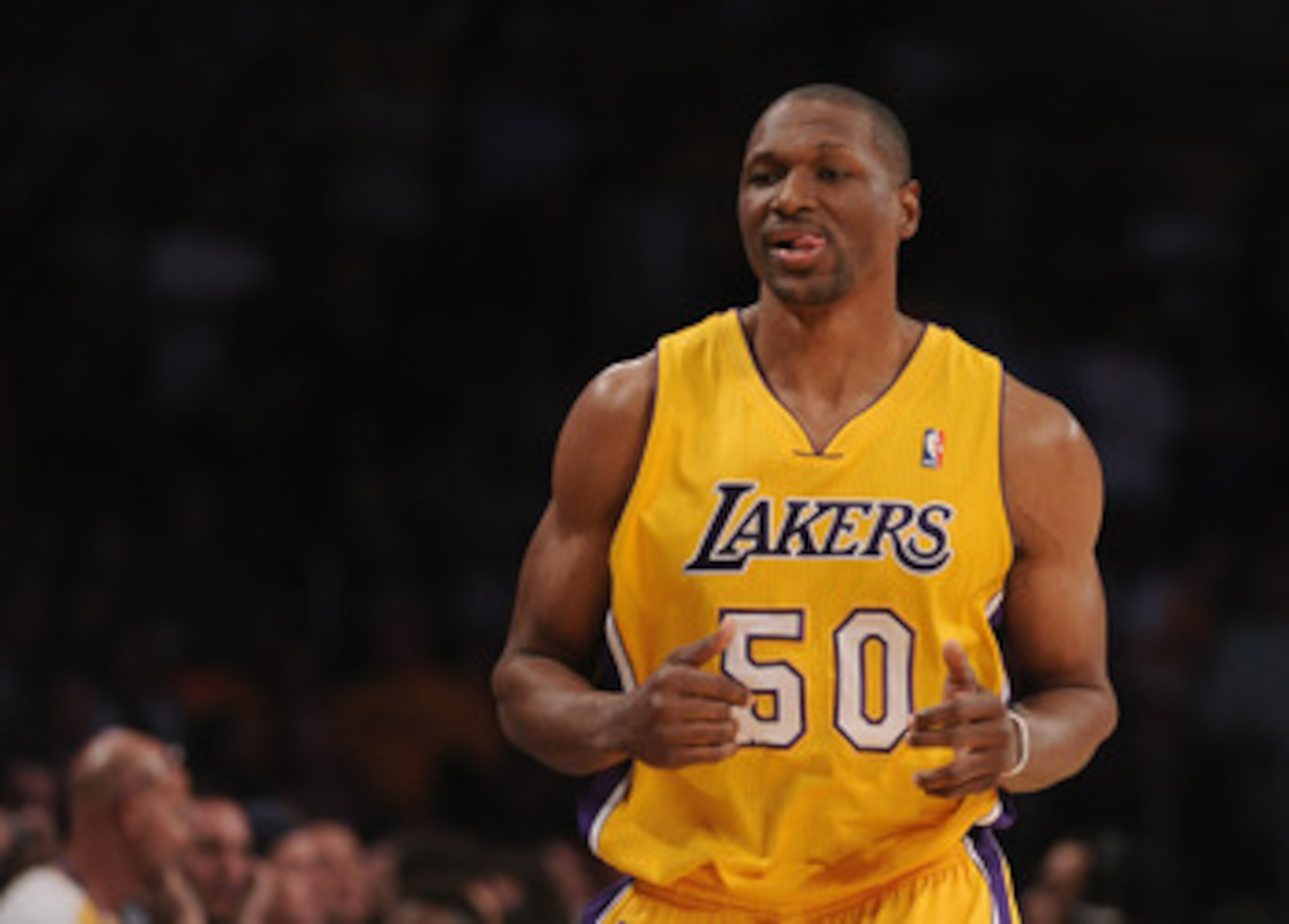 LOS ANGELES, CA - MARCH 31:  Theo Ratliff #50 of the Los Angeles Lakers leaves the game against the Dallas Mavericks at Staples Center on March 31, 2011 in Los Angeles, California.  NOTE TO USER: User expressly acknowledges and agrees that, by downloading