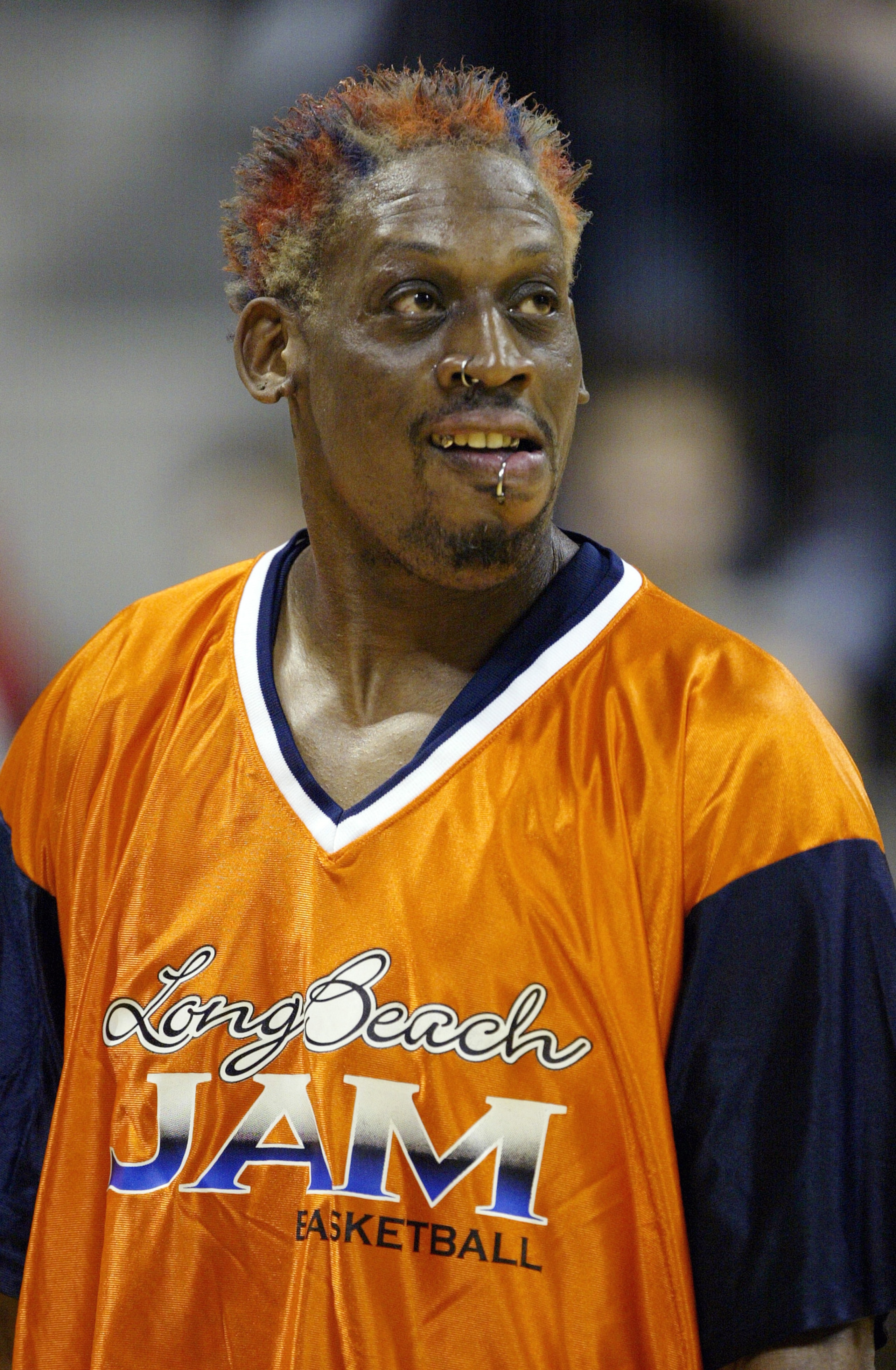 LONG BEACH - JANUARY 16: Dennis Rodman #91 of the Long Beach Jam during warm up before the game against the Fresno Heatwave won by the Jam 130-110 on January 16, 2004 at the Pyramid in Long Beach, California.(Photo by Robert Laberge/Getty Images)