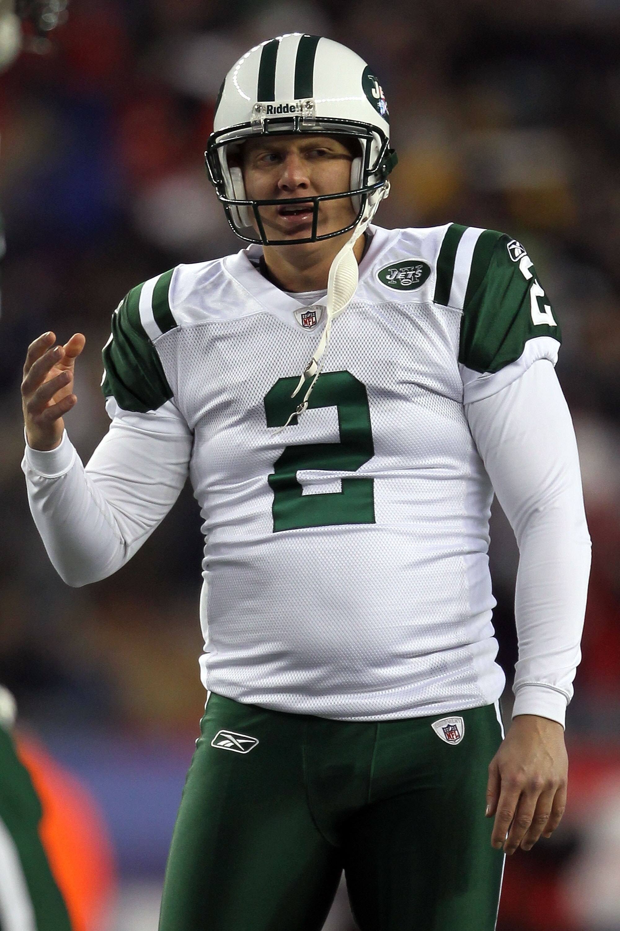 FOXBORO, MA - JANUARY 16:  Nick Folk #2 of the New York Jets reacts after missing a first quarter field goal against the New England Patriots during their 2011 AFC divisional playoff game at Gillette Stadium on January 16, 2011 in Foxboro, Massachusetts.