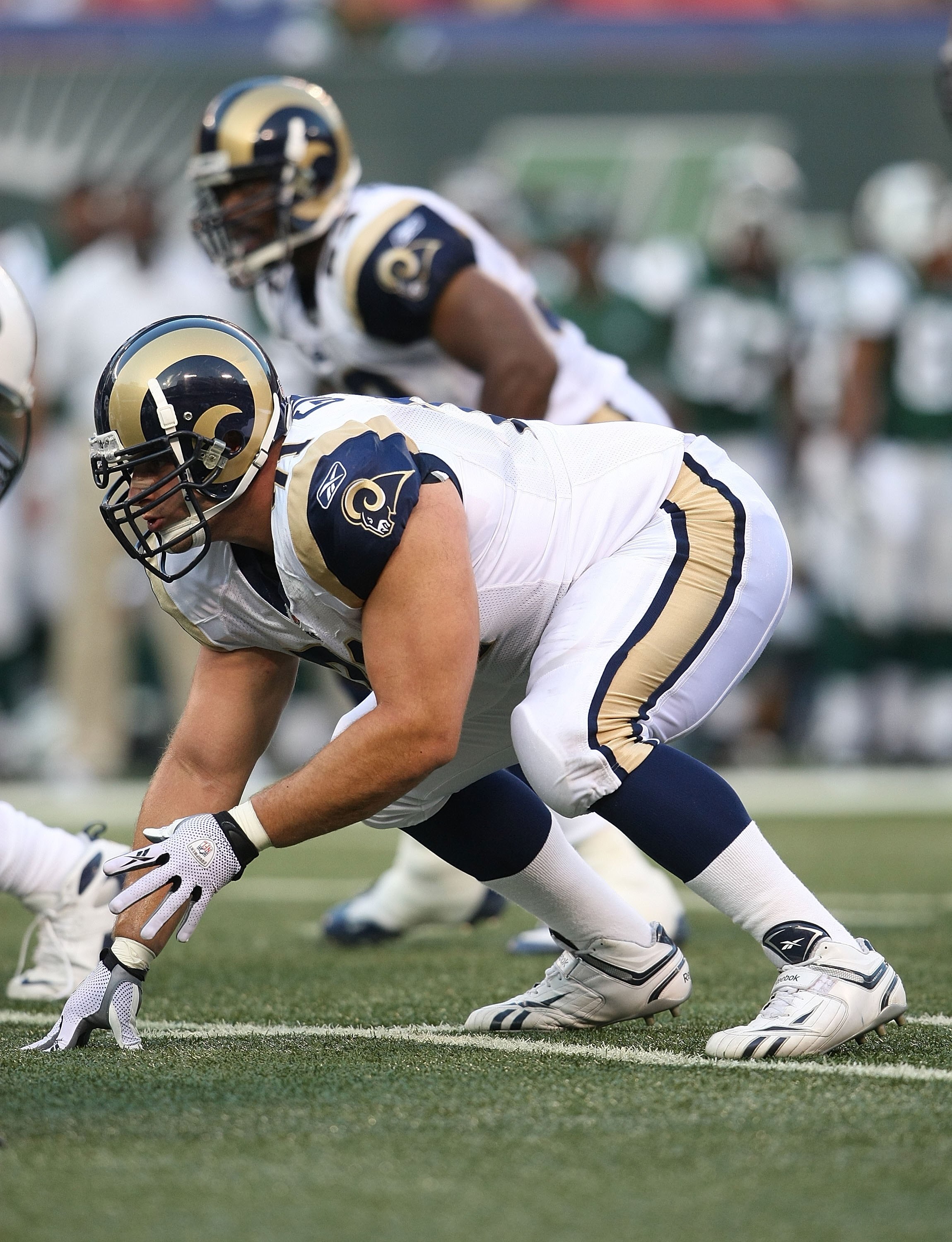 EAST RUTHERFORD, NJ - AUGUST 14: Gary Gibson  #71 of the St. Louis Rams waits for the snap against the New York Jets during their preseason game at Giants Stadium on August 14, 2009  in East Rutherford, New Jersey.  (Photo by Nick Laham/Getty Images)