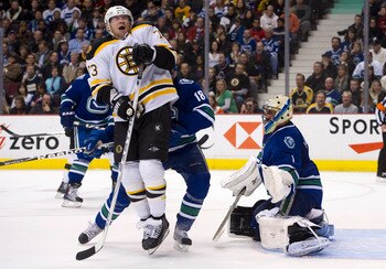 VANCOUVER, CANADA - FEBRUARY 26: Michael Ryder #73 of the Boston Bruins reacts after getting hit with the puck while standing in front of goalie Roberto Luongo #1 during the third period in NHL action on February 26, 2011 at Rogers Arena in Vancouver, Bri