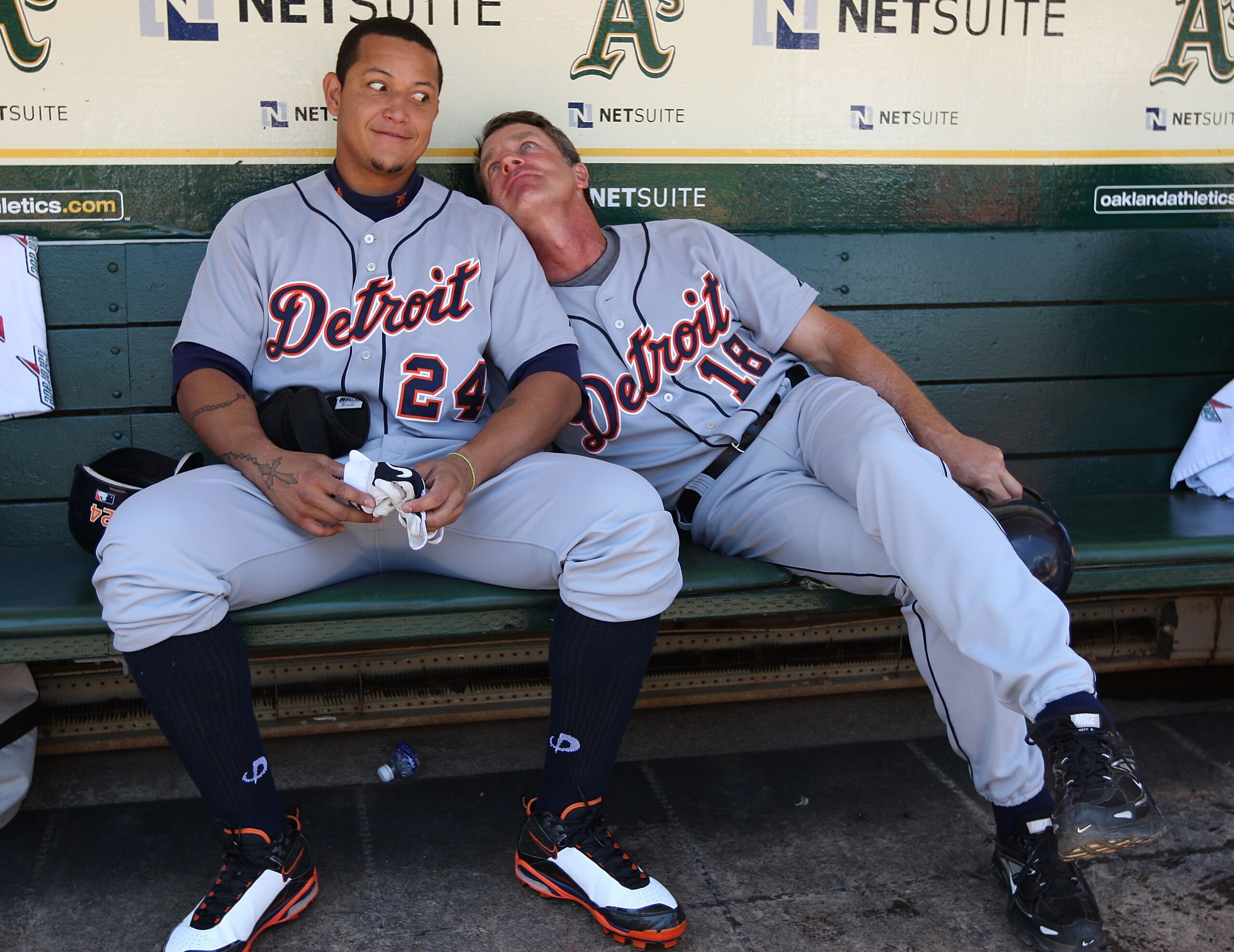 OAKLAND, CA - JULY 01: Miguel Cabrera #24 and Andy Van Slyke #18 of the Detroit Tigers look on during action against the Oakland Athletics during a Major League Baseball game on July 1, 2009 at the Oakland Coliseum in Oakland, California. (Photo by Jed OAKLAND, CA - JULY 01: Miguel Cabrera #24 and Andy Van Slyke #18 of the Detroit Tigers look on during action against the Oakland Athletics during a Major League Baseball game on July 1, 2009 at the Oakland Coliseum in Oakland, California. (Photo by Jed