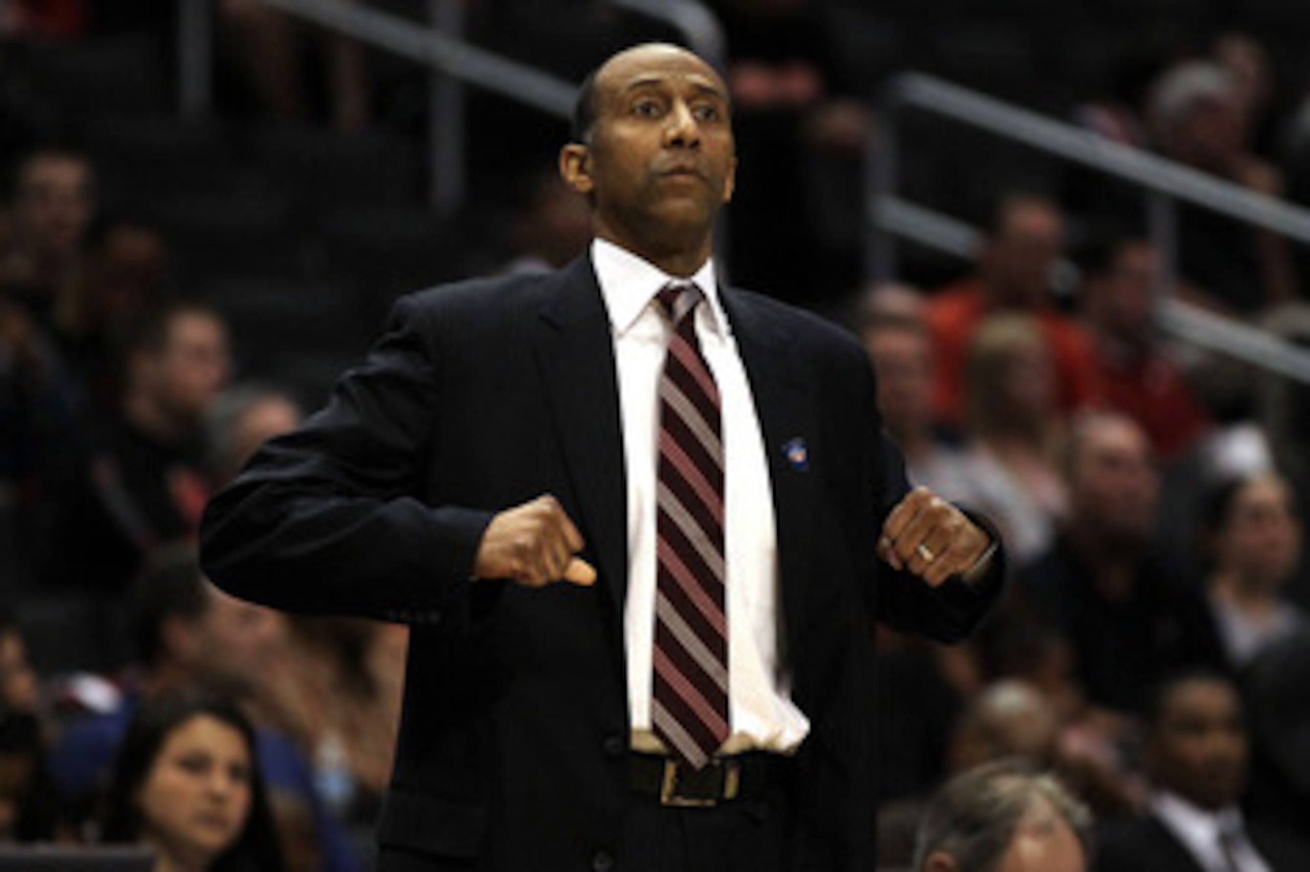 LOS ANGELES, CA - MARCH 09:  Head coach Johnny Dawkins of the Stanford Cardinal calls out in the first half while taking on Oregon State Beavers in the first round of the 2011 Pacific Life Pac-10 Men's Basketball Tournament at Staples Center on March 9, 2